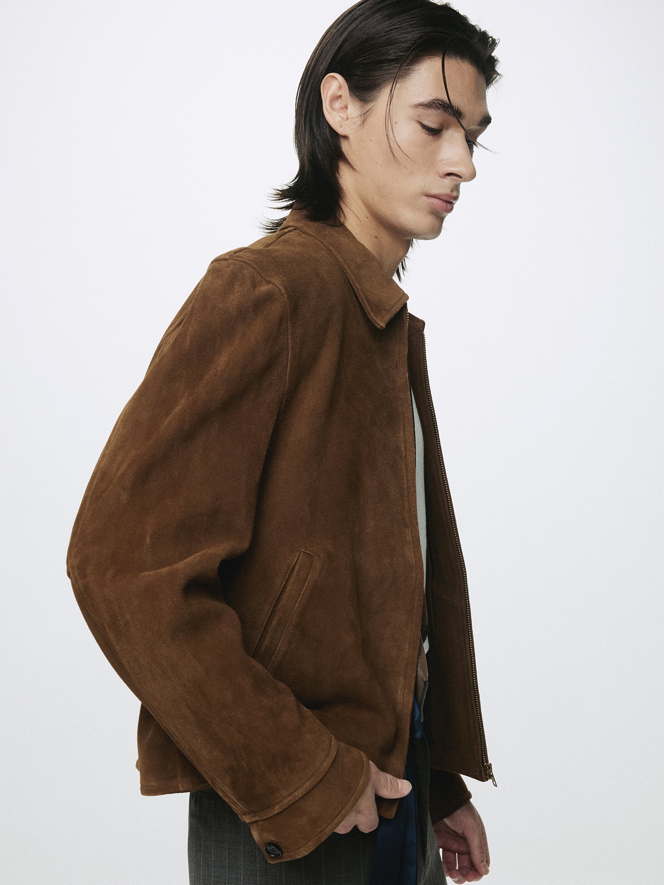 GOAT SUEDE BUCKLE ZIP JACKET_ CAMEL BROWN