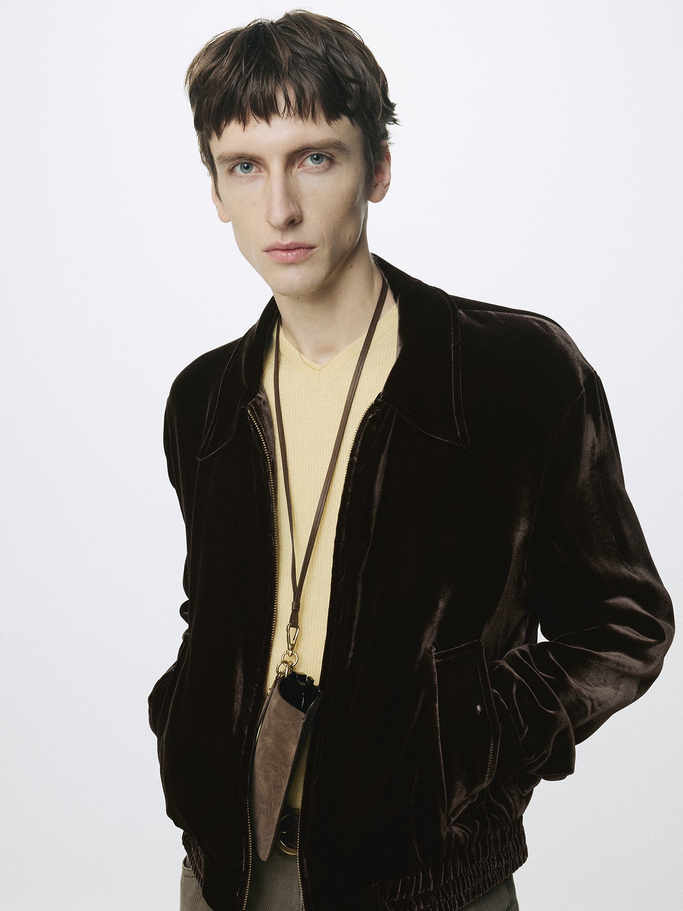 VELVET ZIPPERED BLOUSON JACKET_ DARK BROWN