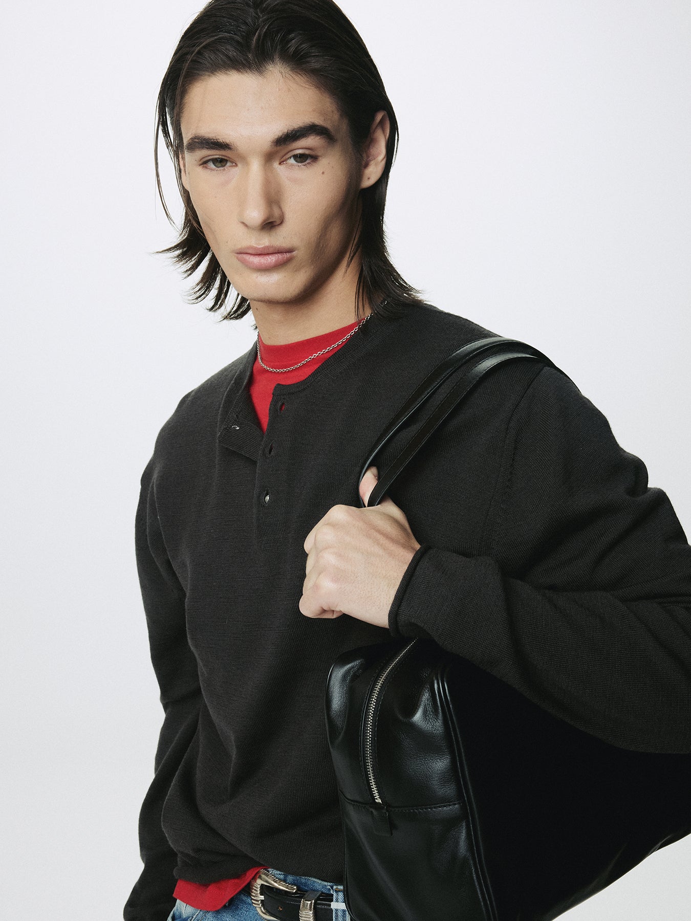 EXTRA FINE WOOL RAW HEM HENLEY NECK KNIT_ ANTHRACITE