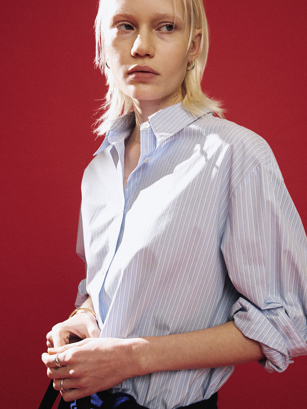 (W) STRIPED COTTON OVER SHIRT_ BLUE