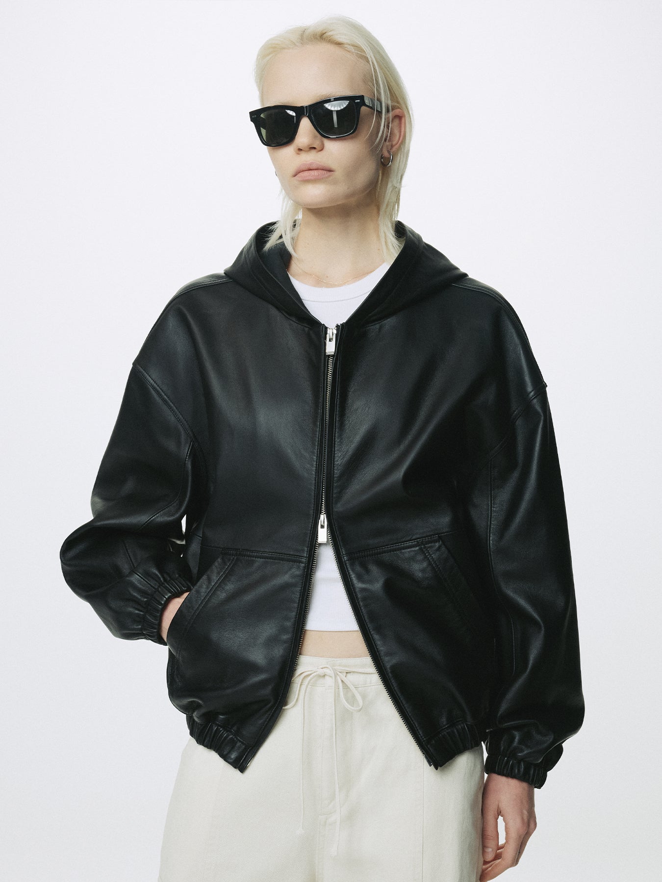 (W) NAPPA LEATHER HOODIE JACKET_ BLACK