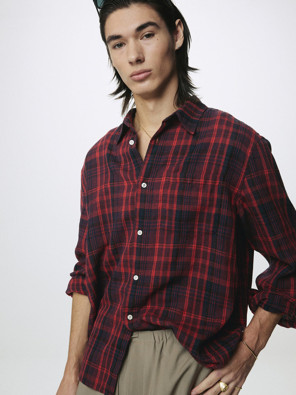 WASHED COTTON BLEND CHECK SHIRT_ RED/BLUE