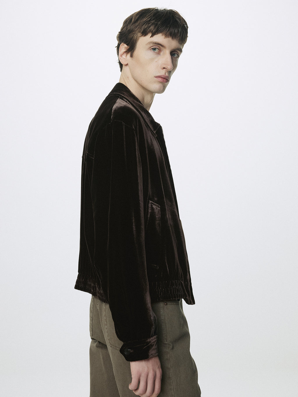 VELVET ZIPPERED BLOUSON JACKET_ DARK BROWN