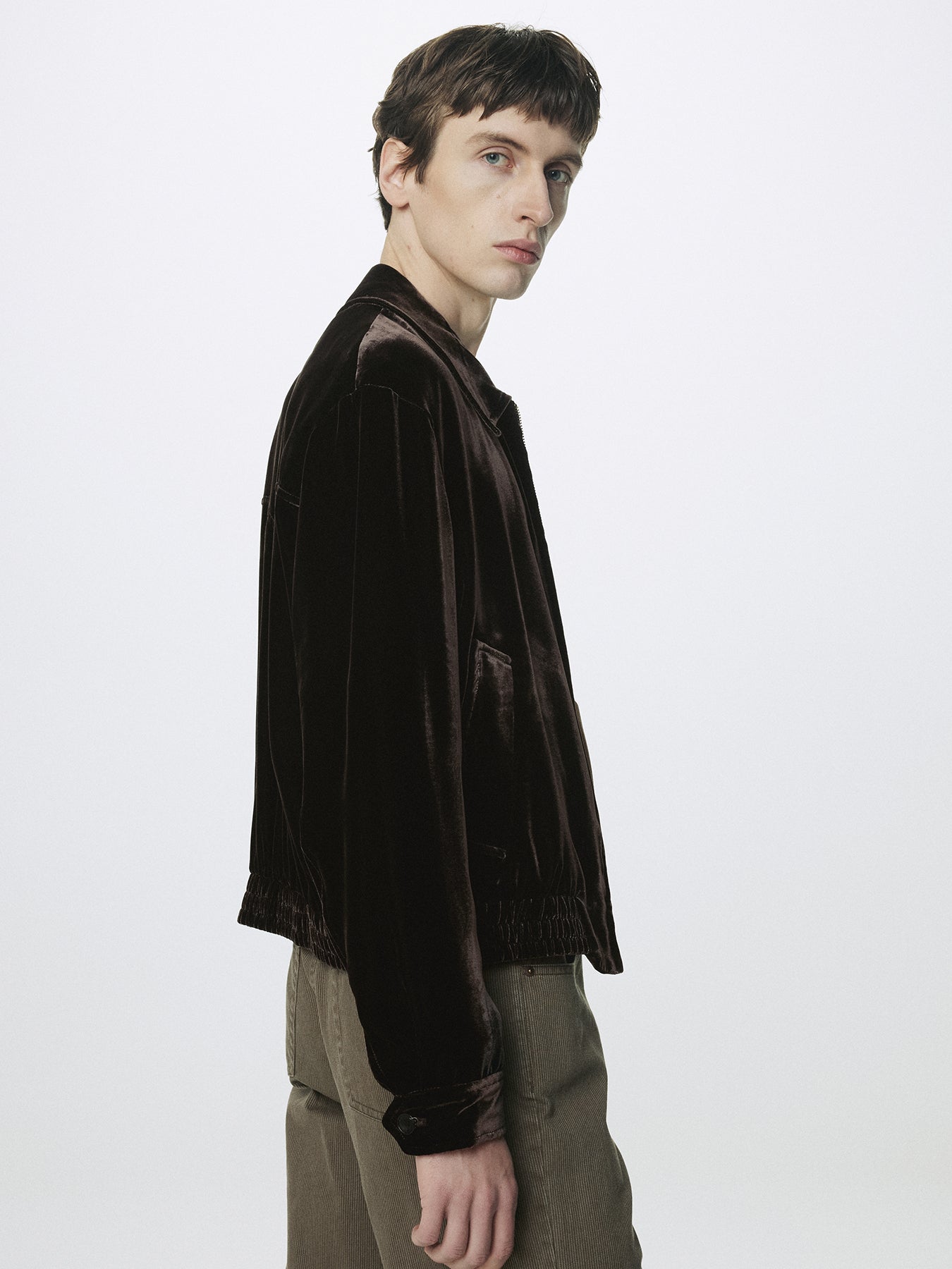 VELVET ZIPPERED BLOUSON JACKET_ DARK BROWN