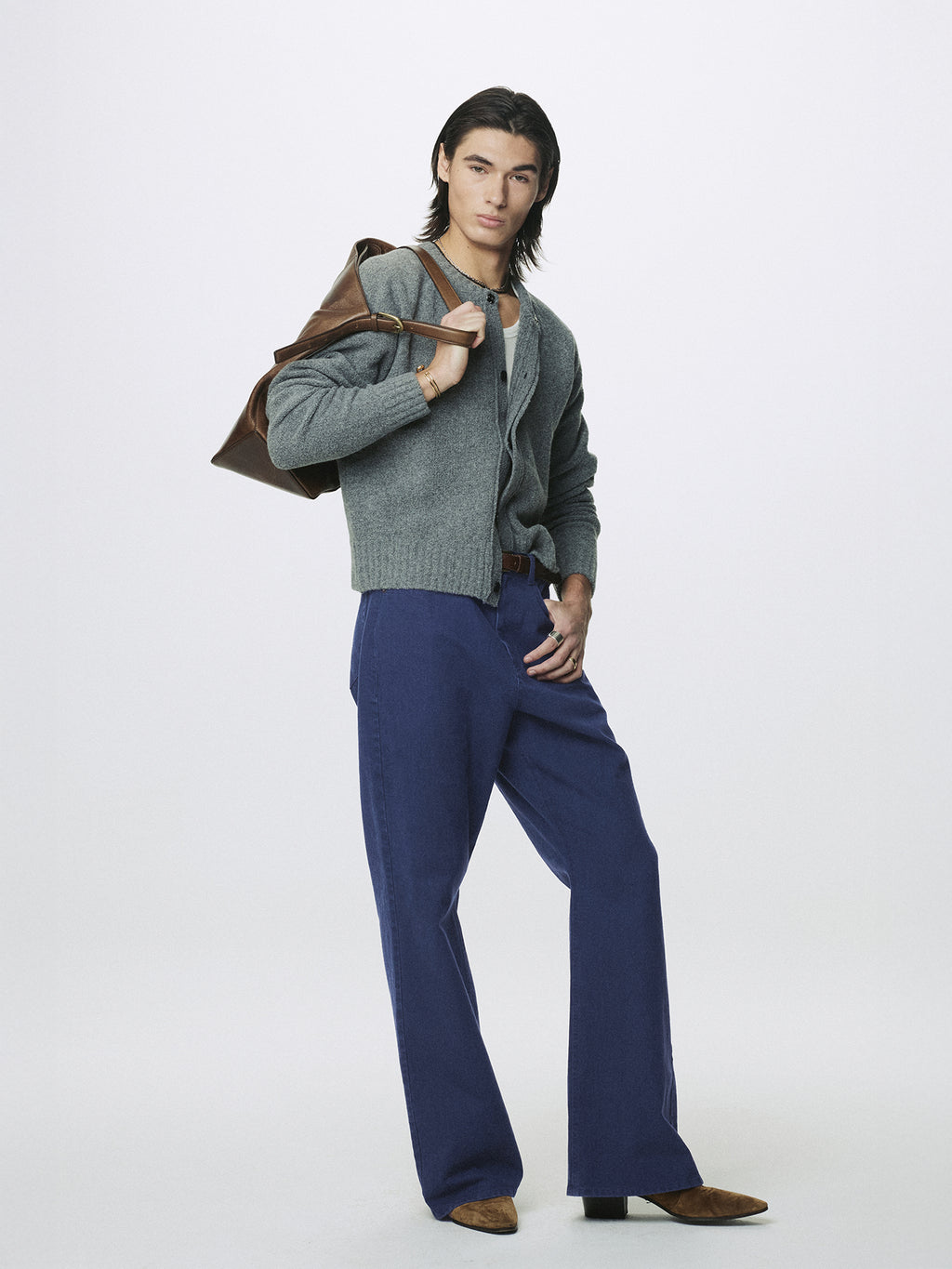 WASHED COTTON TWILL LOOSE FLARED JEANS_ PURPLE BLUE