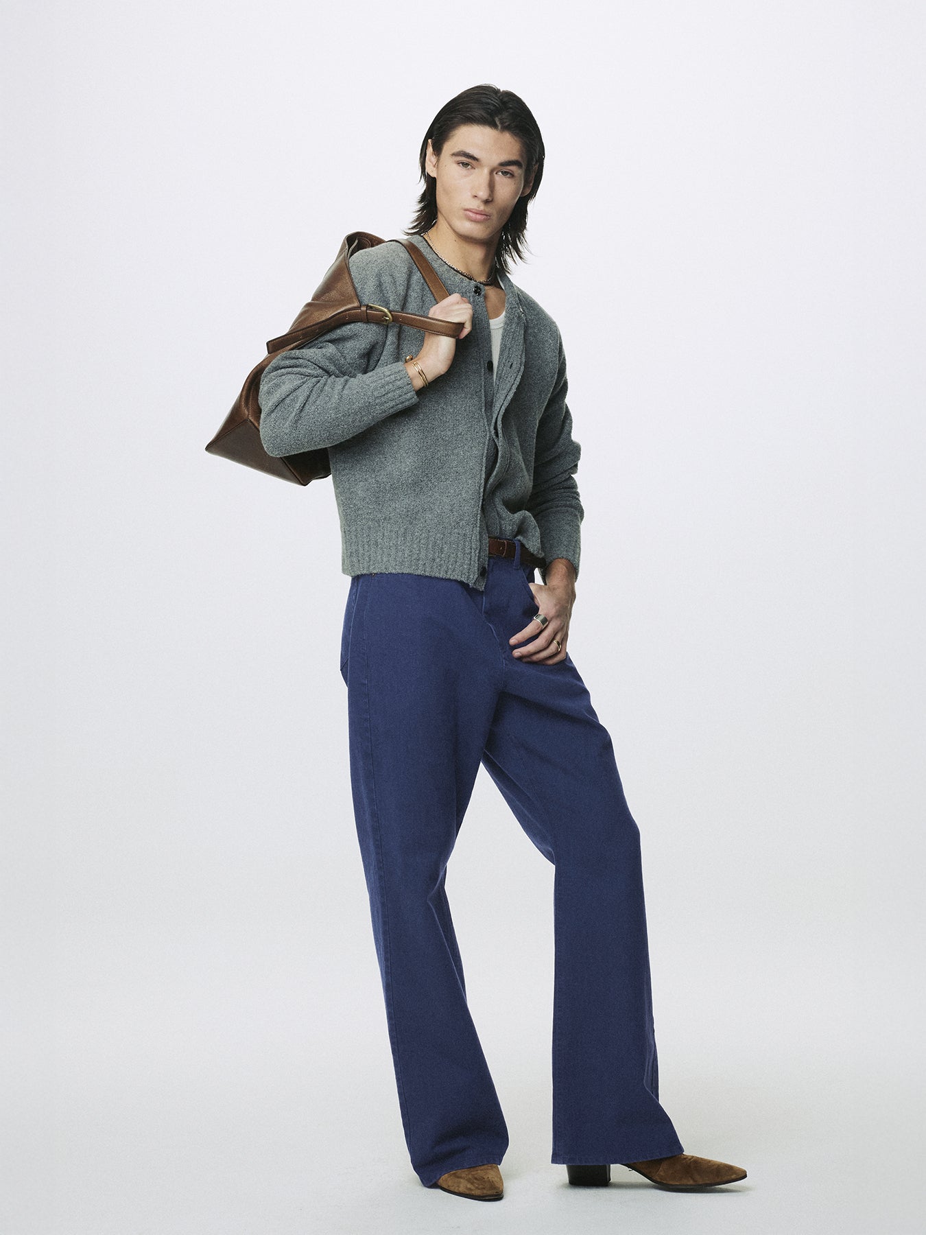 WASHED COTTON TWILL LOOSE FLARED JEANS_ PURPLE BLUE