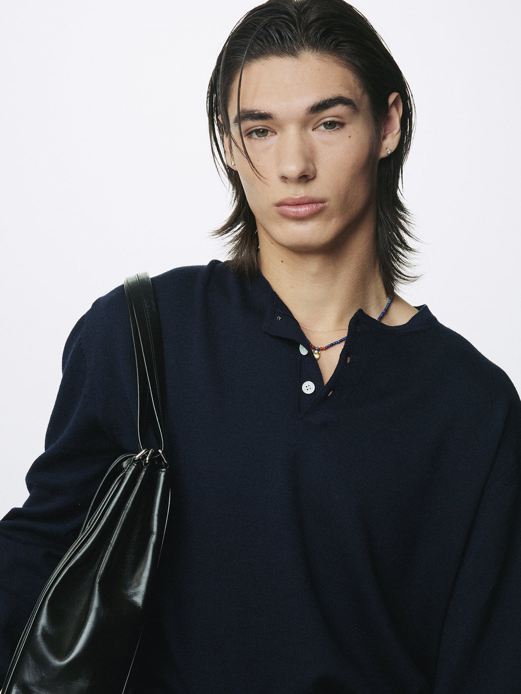 EXTRA FINE WOOL RAW HEM HENLEY NECK KNIT_ NAVY