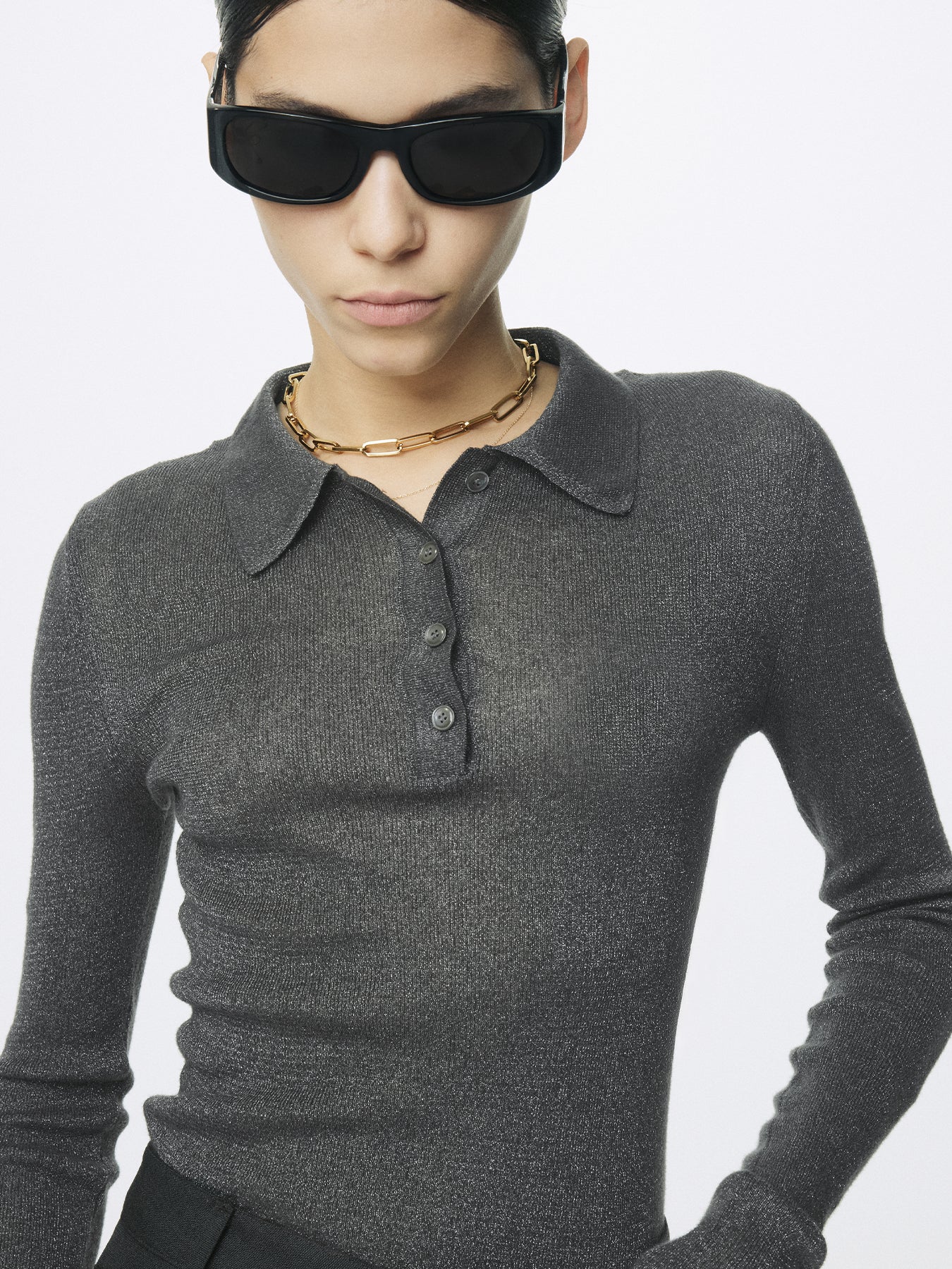 (W) GLITTER RIBBED KNIT POLO SHIRT_ CHARCOAL