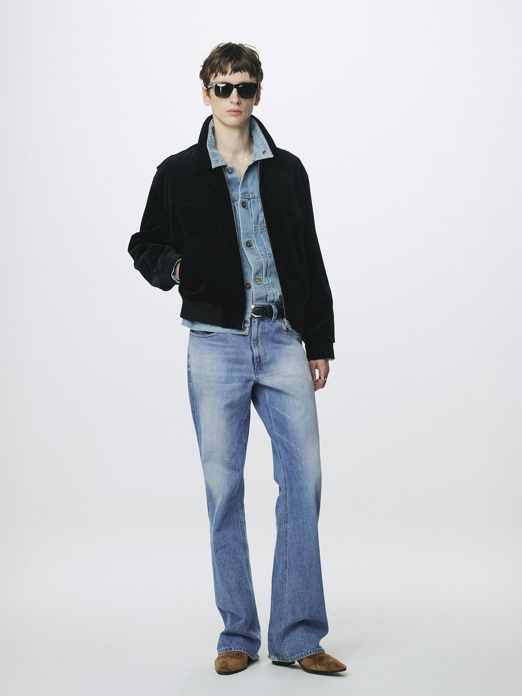 FLARED-LEG DISTRESSED DENIM JEANS_ FADED BLUE