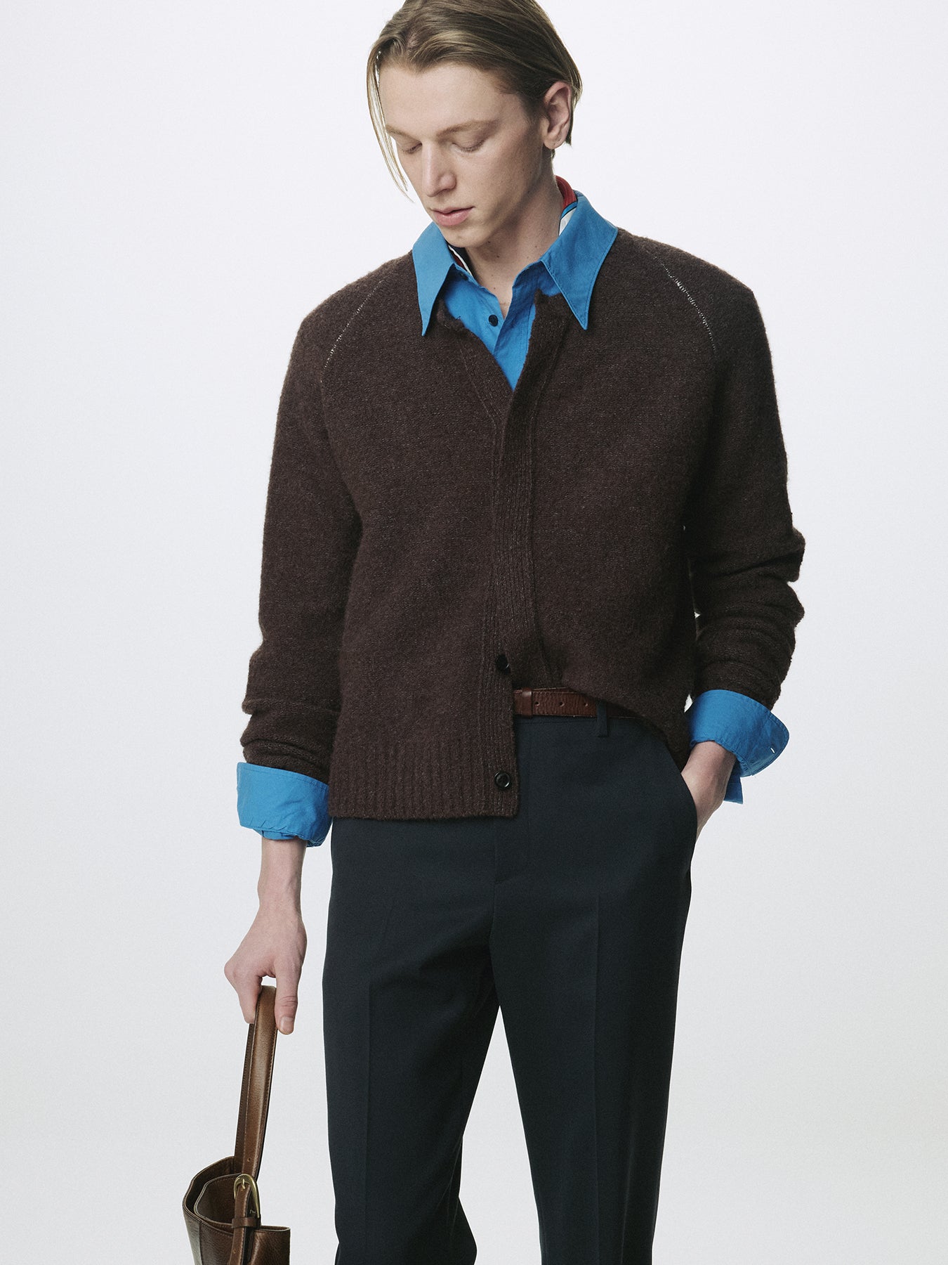 PLACKET BUTTON DOWN KNIT CARDIGAN_ BROWN