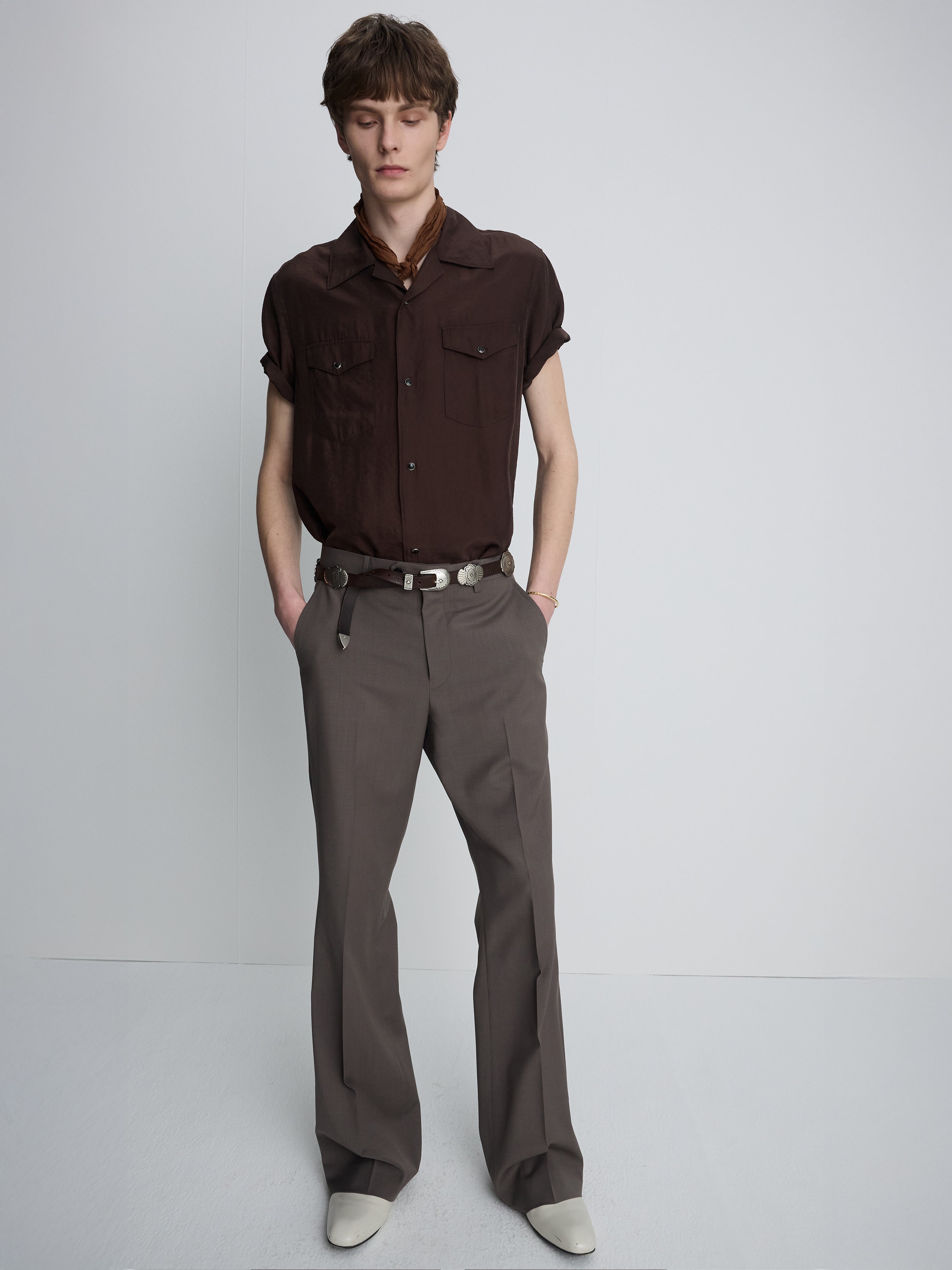 WASHED RAYON PEARL SNAP SHIRT_ BROWN