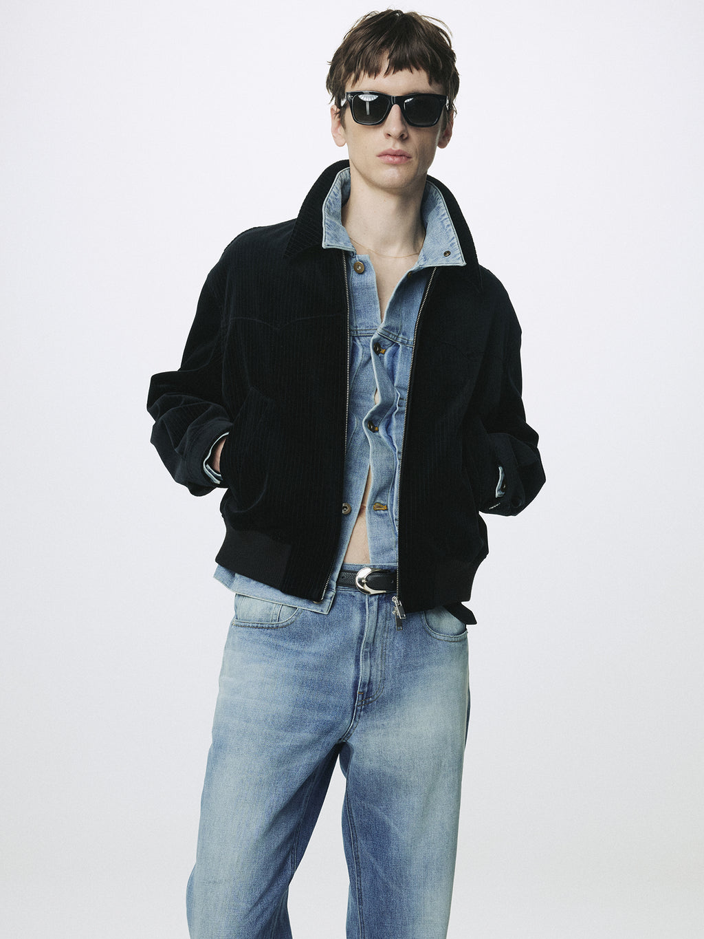 RIBBED VELVET WESTERN BLOUSON_ BLACK