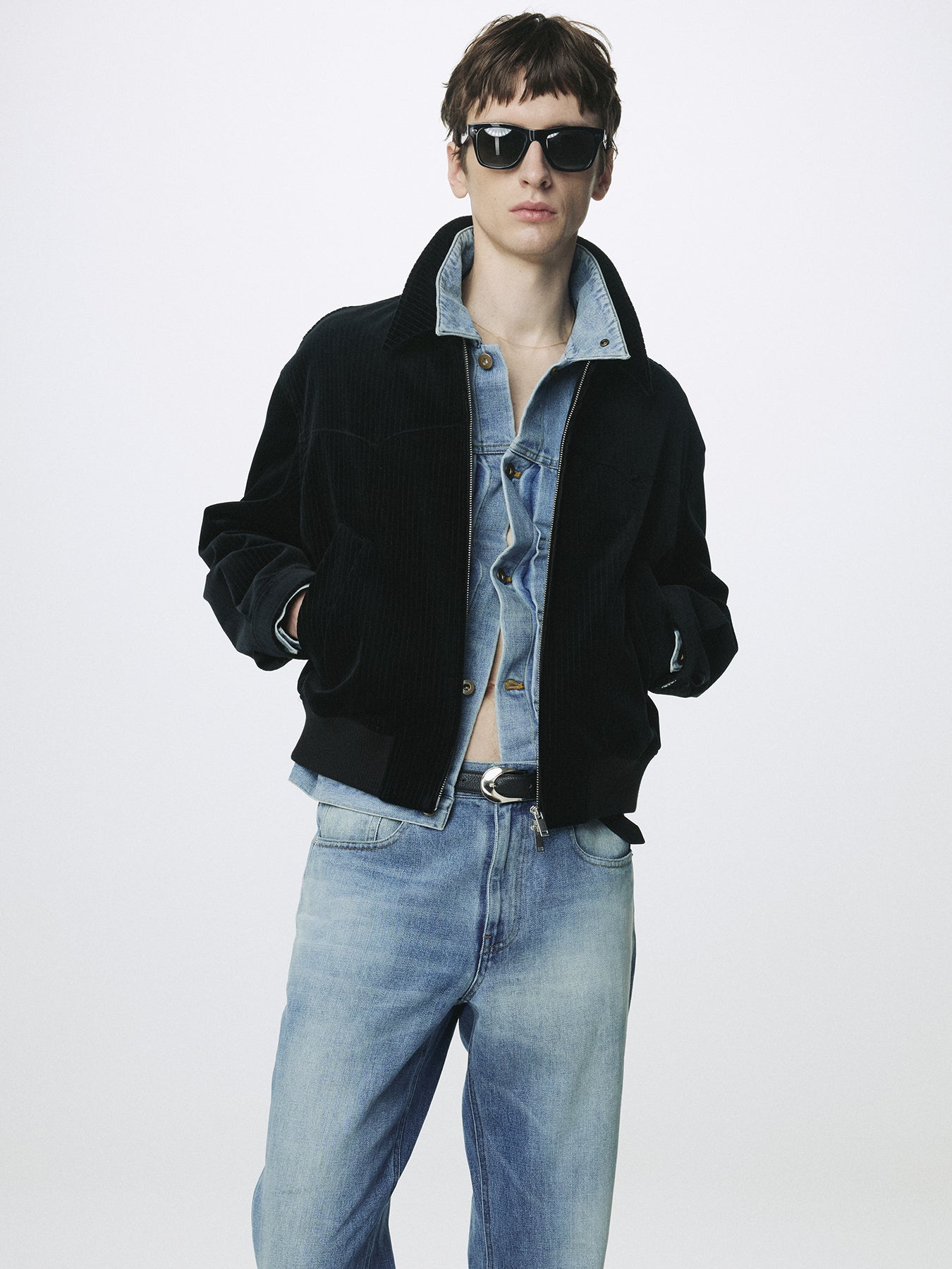 RIBBED VELVET WESTERN BLOUSON_ BLACK