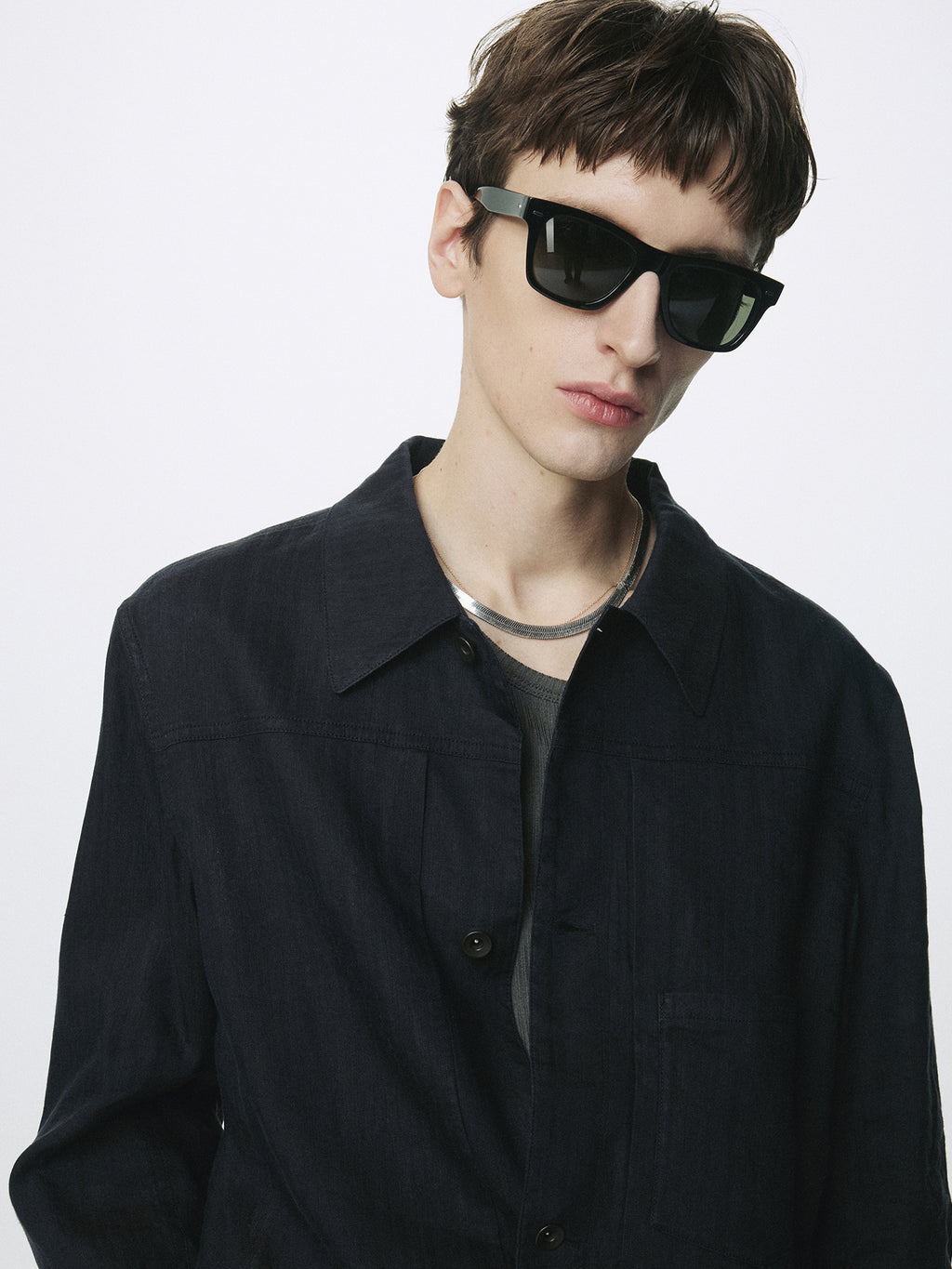 WASHED LINEN TRUCKER JACKET (ITALIAN FABRIC)_ DARK NAVY