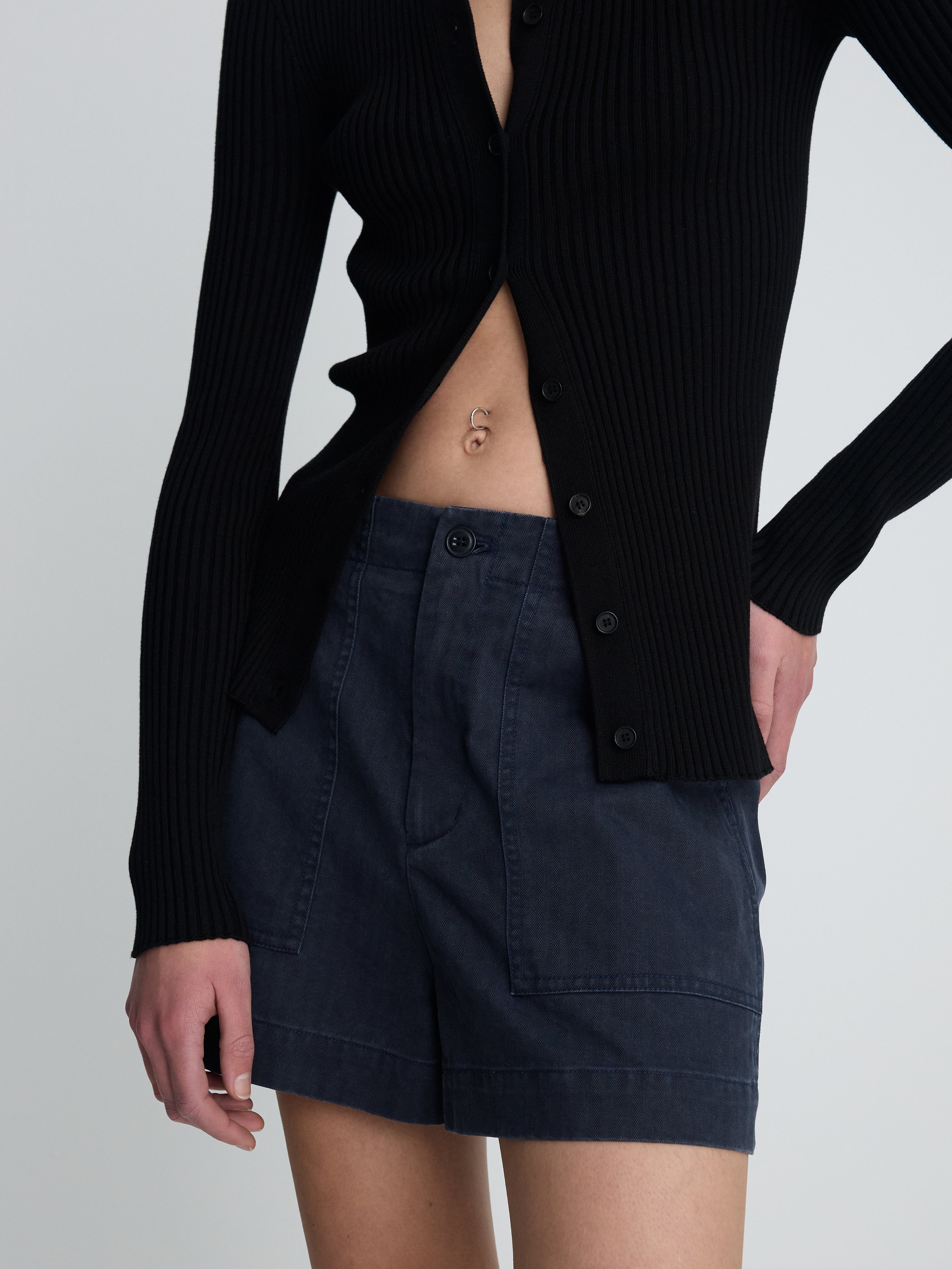 (W) SILK COTTON RIBBED BUTTON CARDIGAN_ BLACK