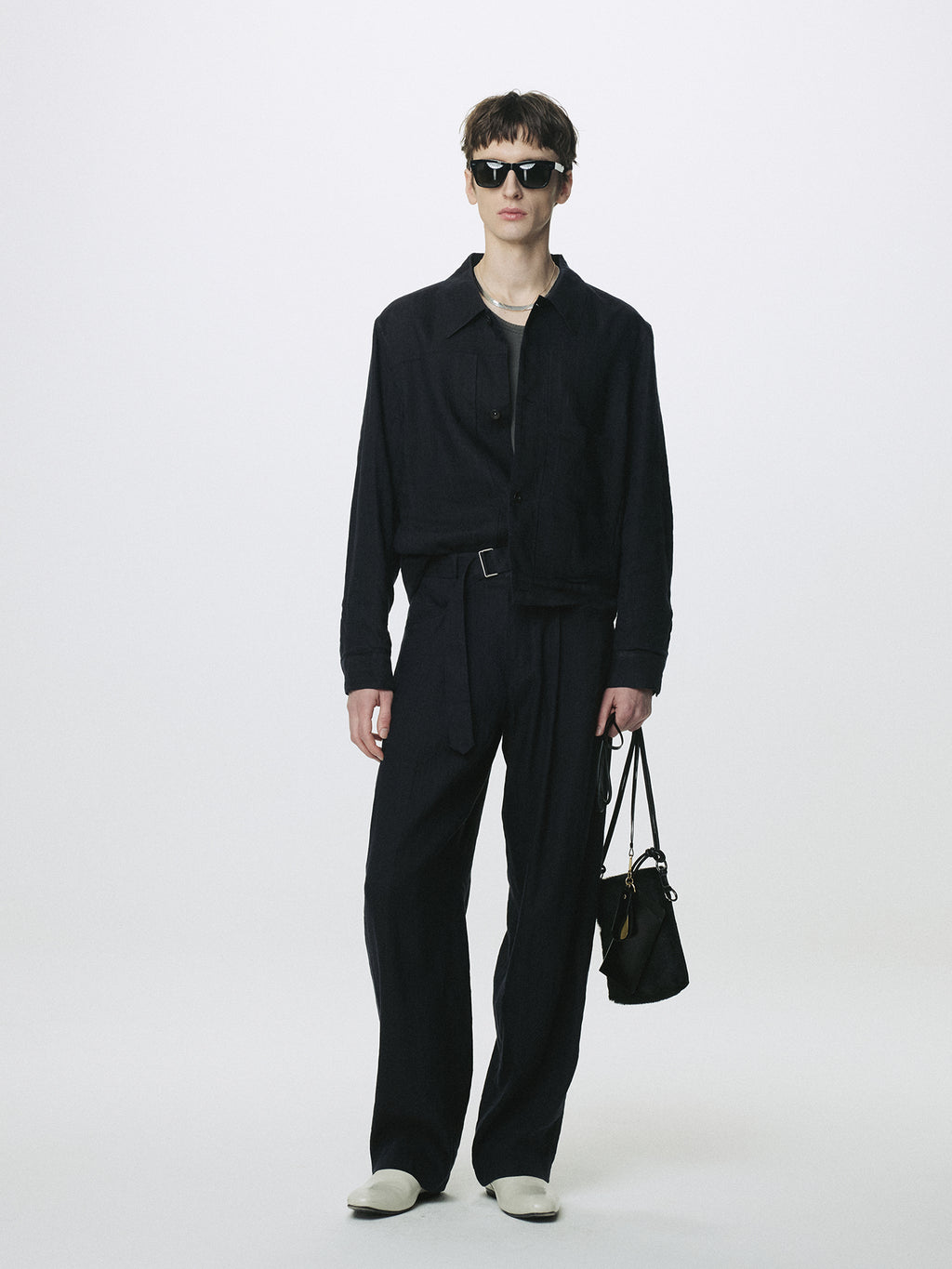 WASHED LINEN BELTED PANTS (ITALIAN FABRIC)_ DARK NAVY