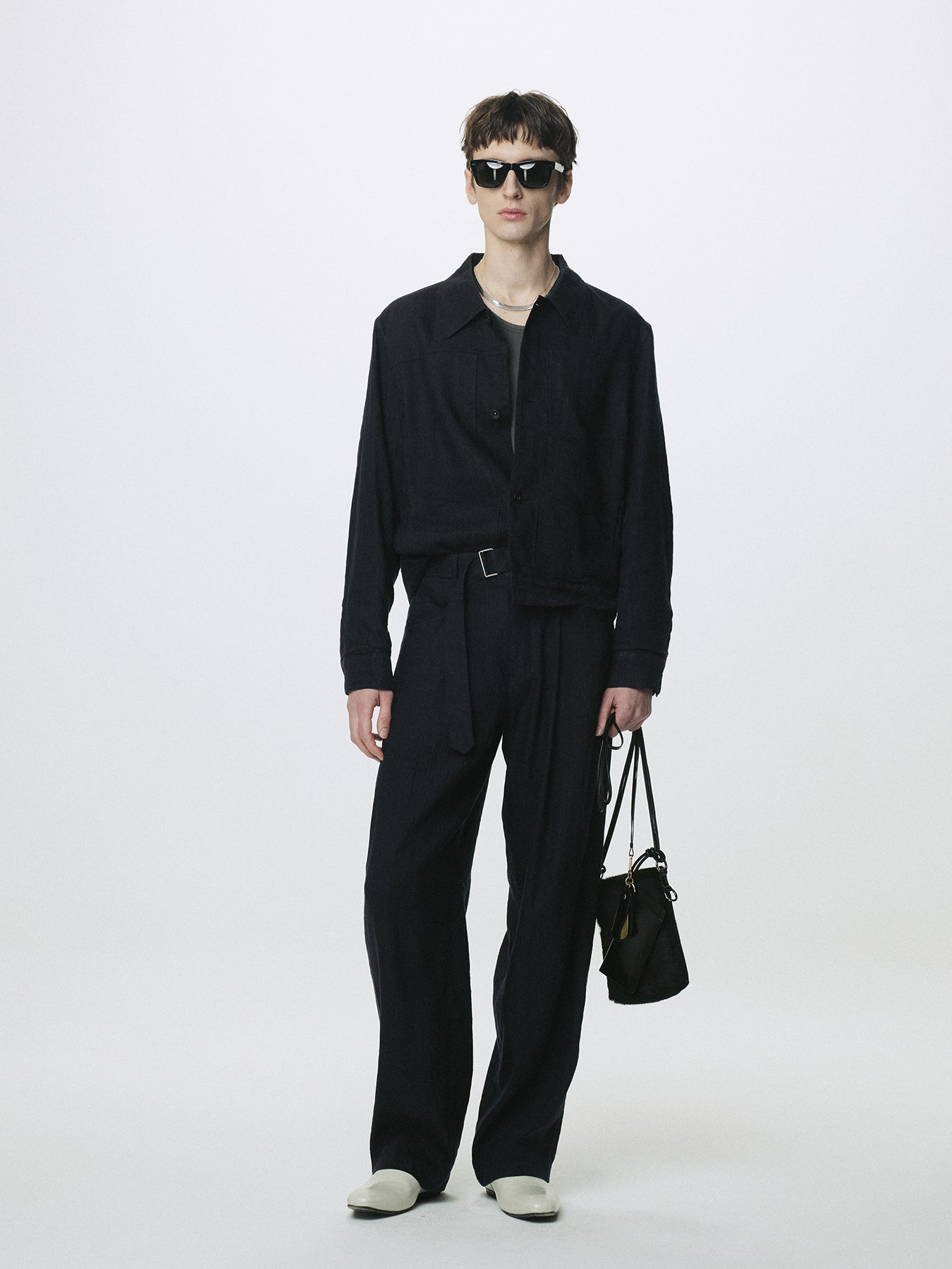 WASHED LINEN BELTED PANTS (ITALIAN FABRIC)_ DARK NAVY