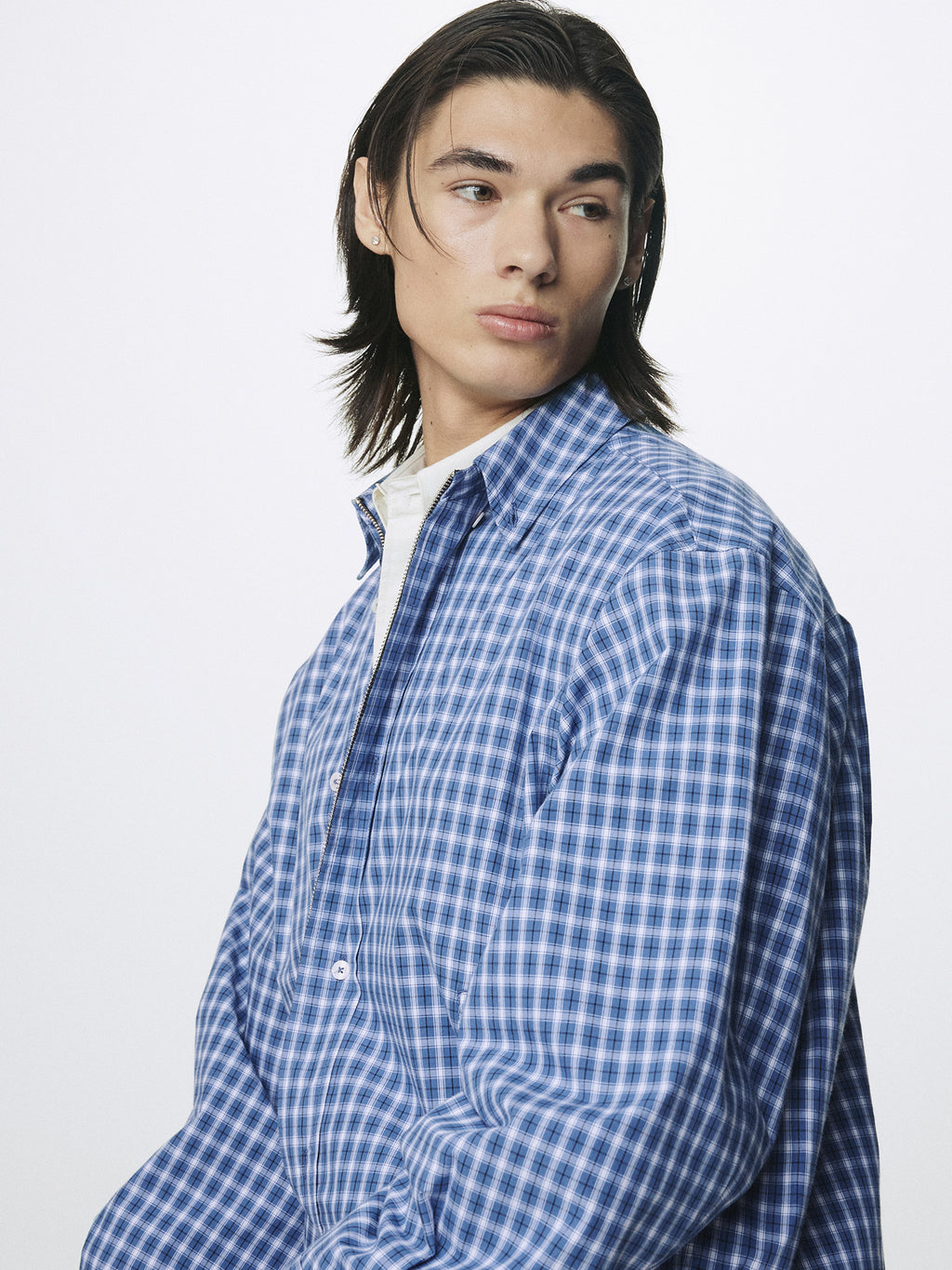 CHECKED COTTON BUTTON-DOWN BLOUSON_ BLUE