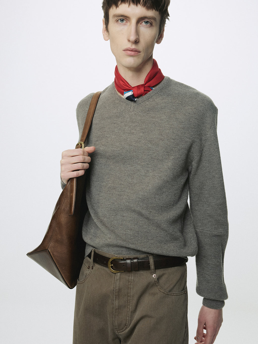SUPER FINE WOOL COMMANDO V-NECK KNIT_ TAUPE MELANGE