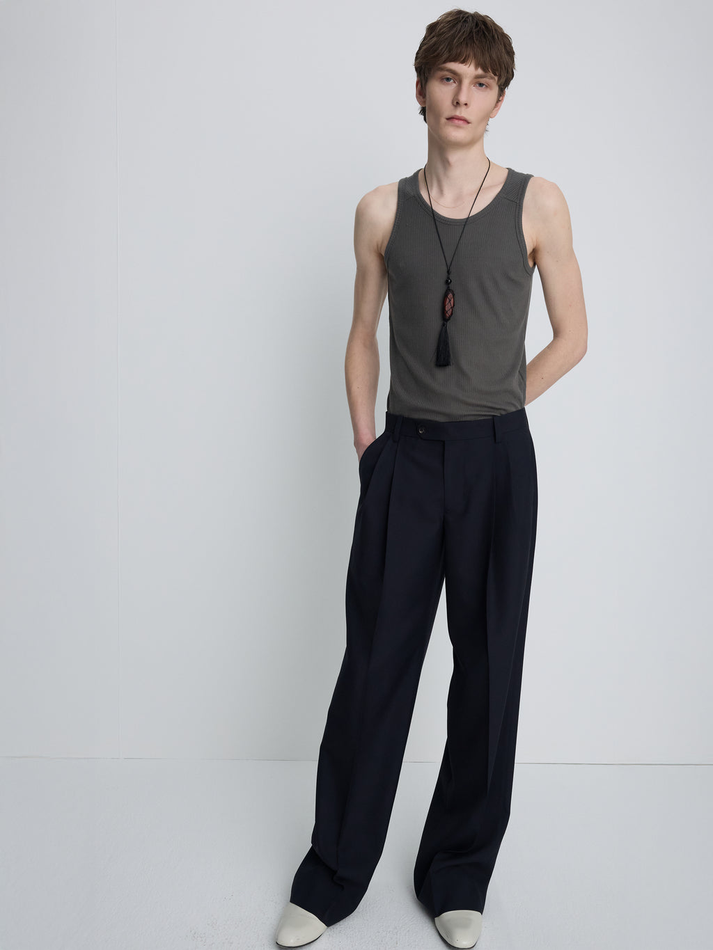 SILK LYOCELL RIB TANK TOP (JAPANESE FABRIC)_ OLIVE CHARCOAL