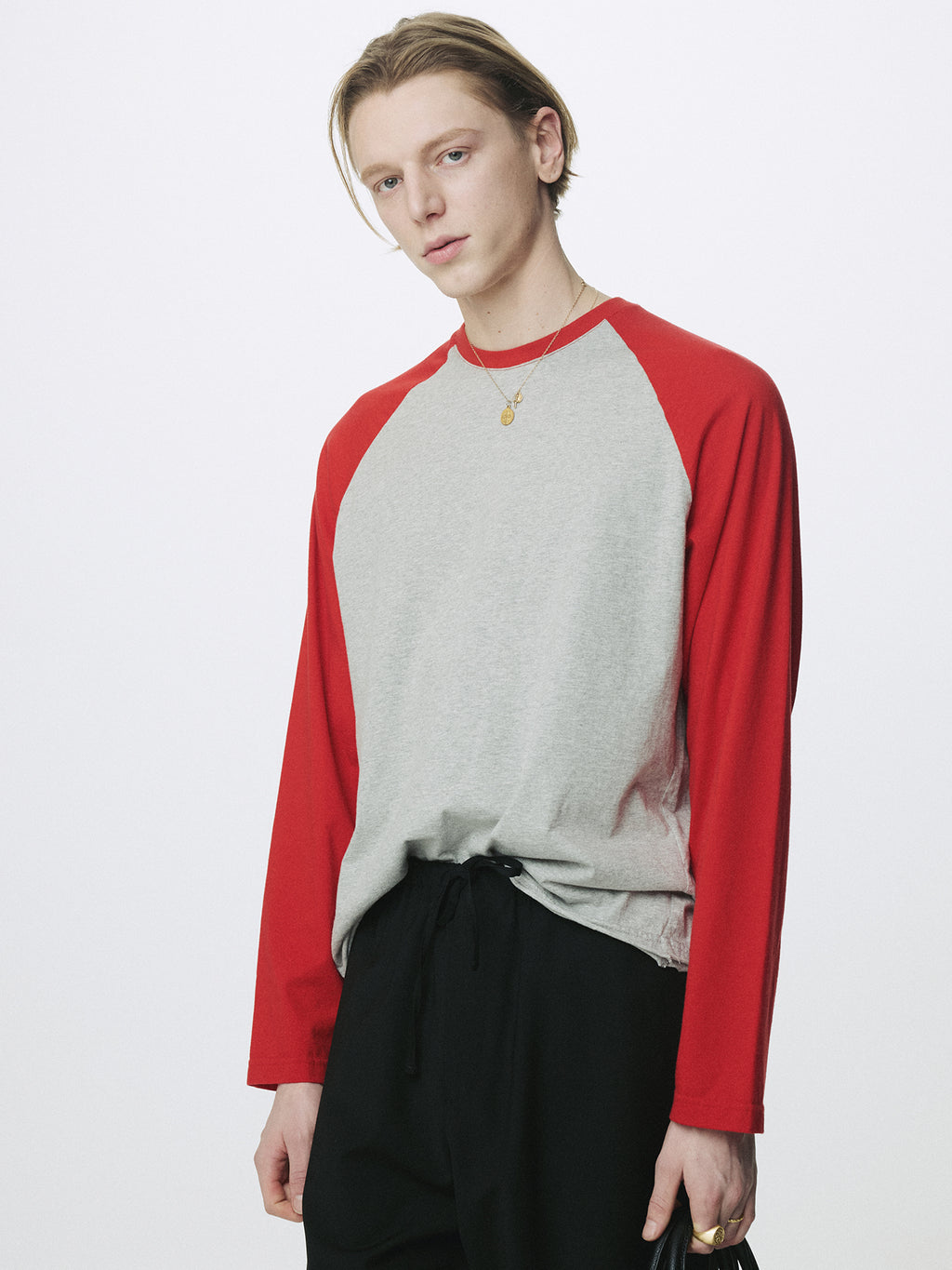 WASHED COTTON BASEBALL LONG SLEEVE_ MELANGE GREY/RED