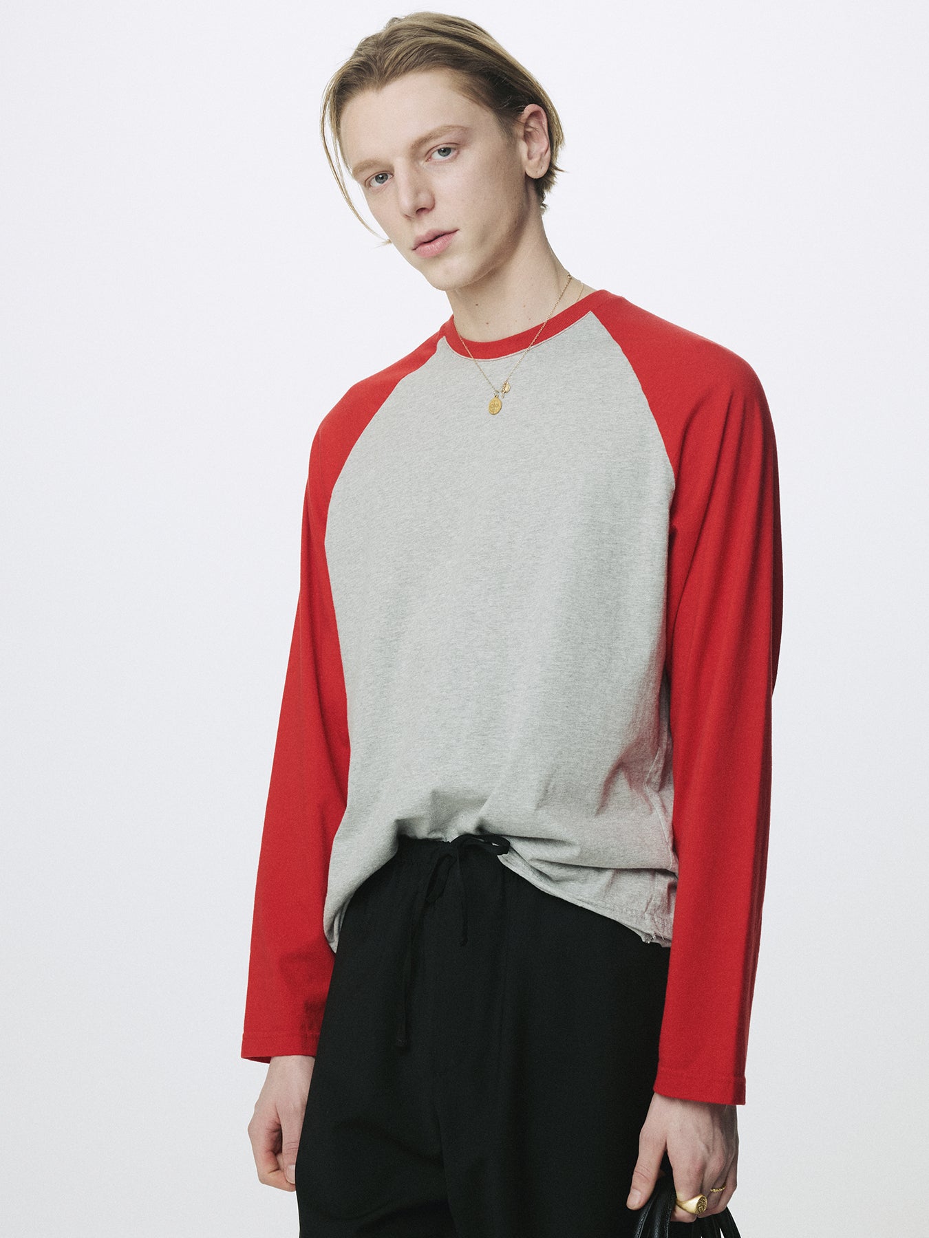 WASHED COTTON BASEBALL LONG SLEEVE_ MELANGE GREY/RED