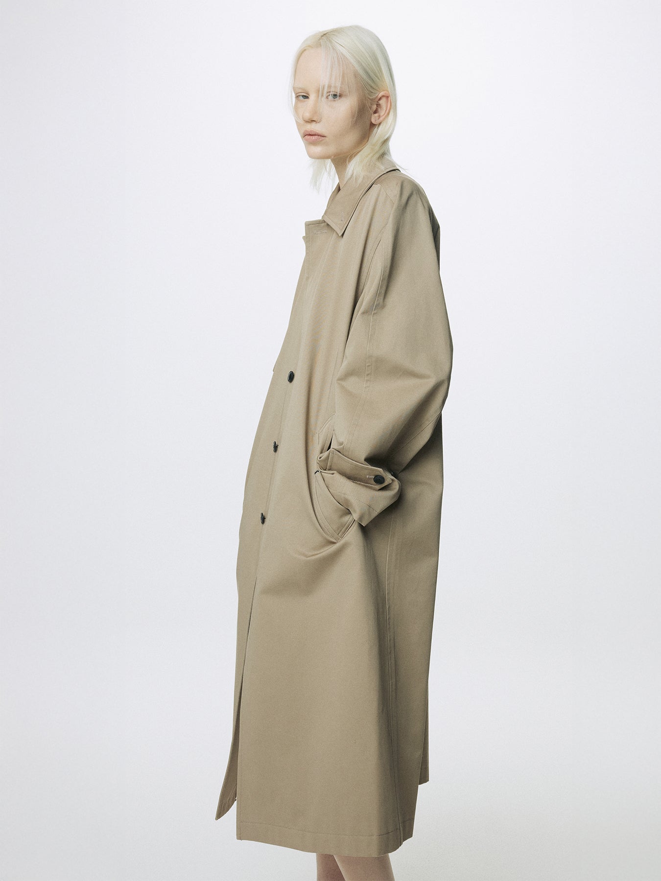 (W) COTTON DRILL SINGLE-BREASTED OVERCOAT_ BEIGE