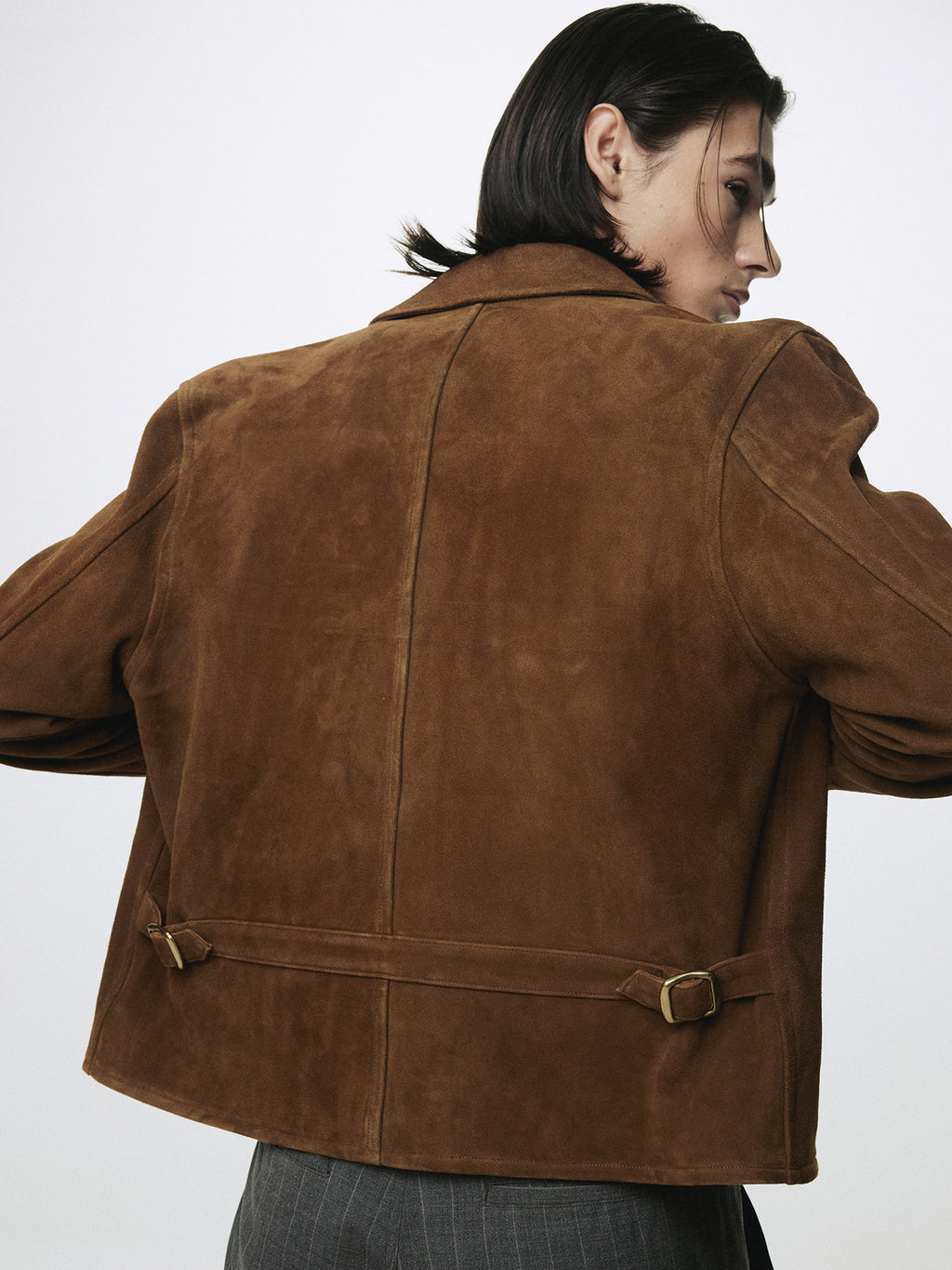 GOAT SUEDE BUCKLE ZIP JACKET_ CAMEL BROWN