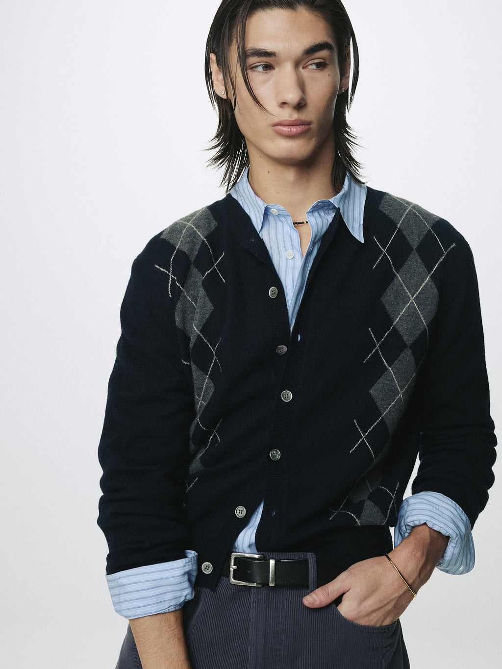 MERINO WOOL ARGYLE CARDIGAN_ NAVY/GREY