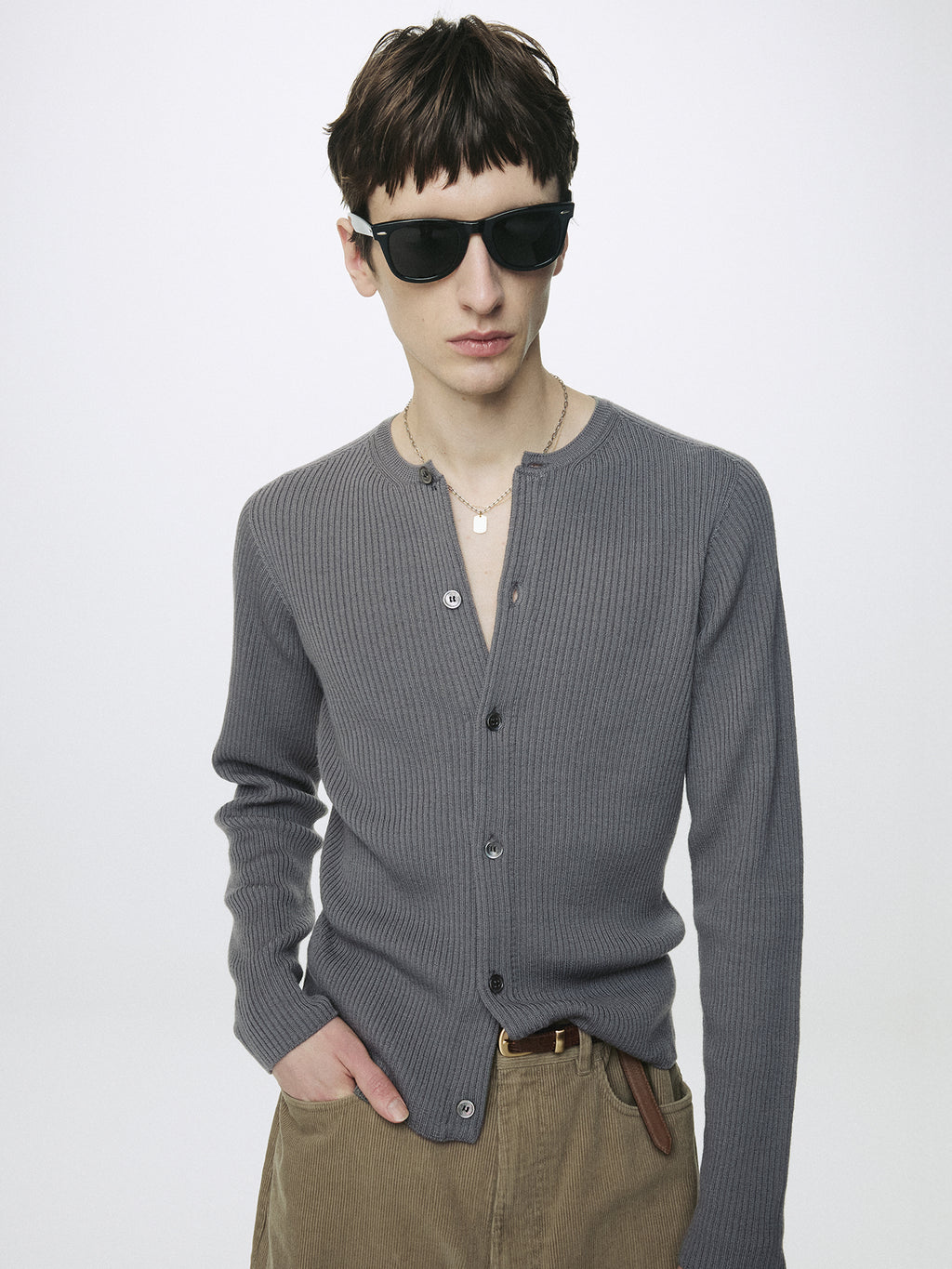 SUPER FINE MERINO WOOL RIBBED CARDIGAN_ CARBON GREY