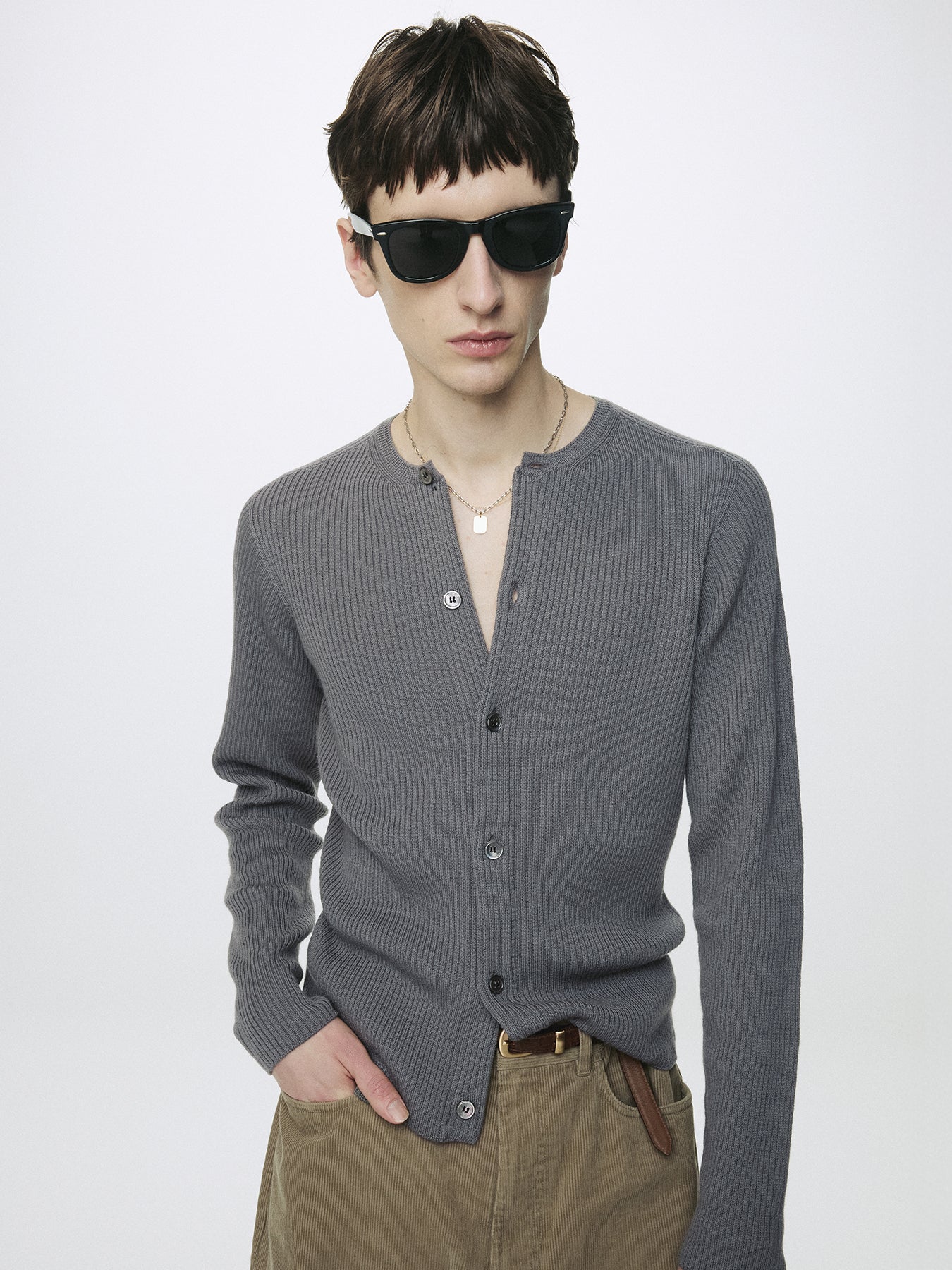 SUPER FINE MERINO WOOL RIBBED CARDIGAN_ CARBON GREY