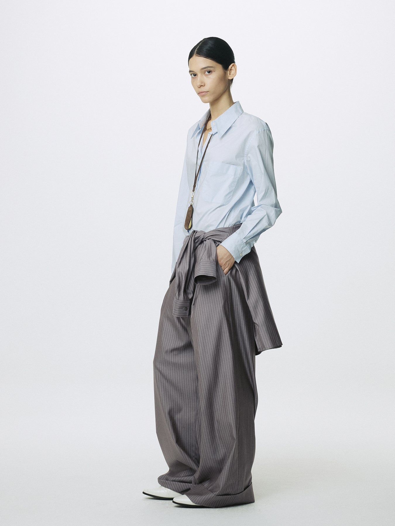 (W) SILK WOOL OVERSIZED RAW EDGE SHIRT_ DARK GREY STRIPE