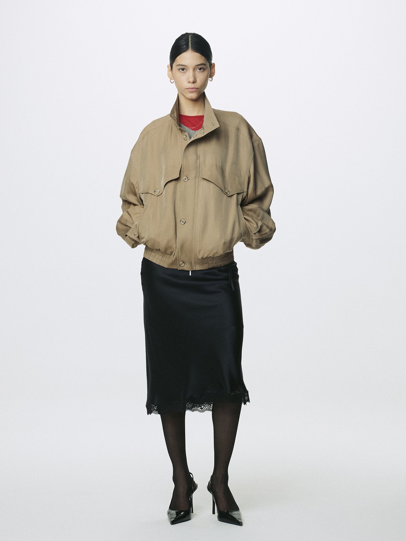 (W) SILK MIDI SKIRT_ BLACK
