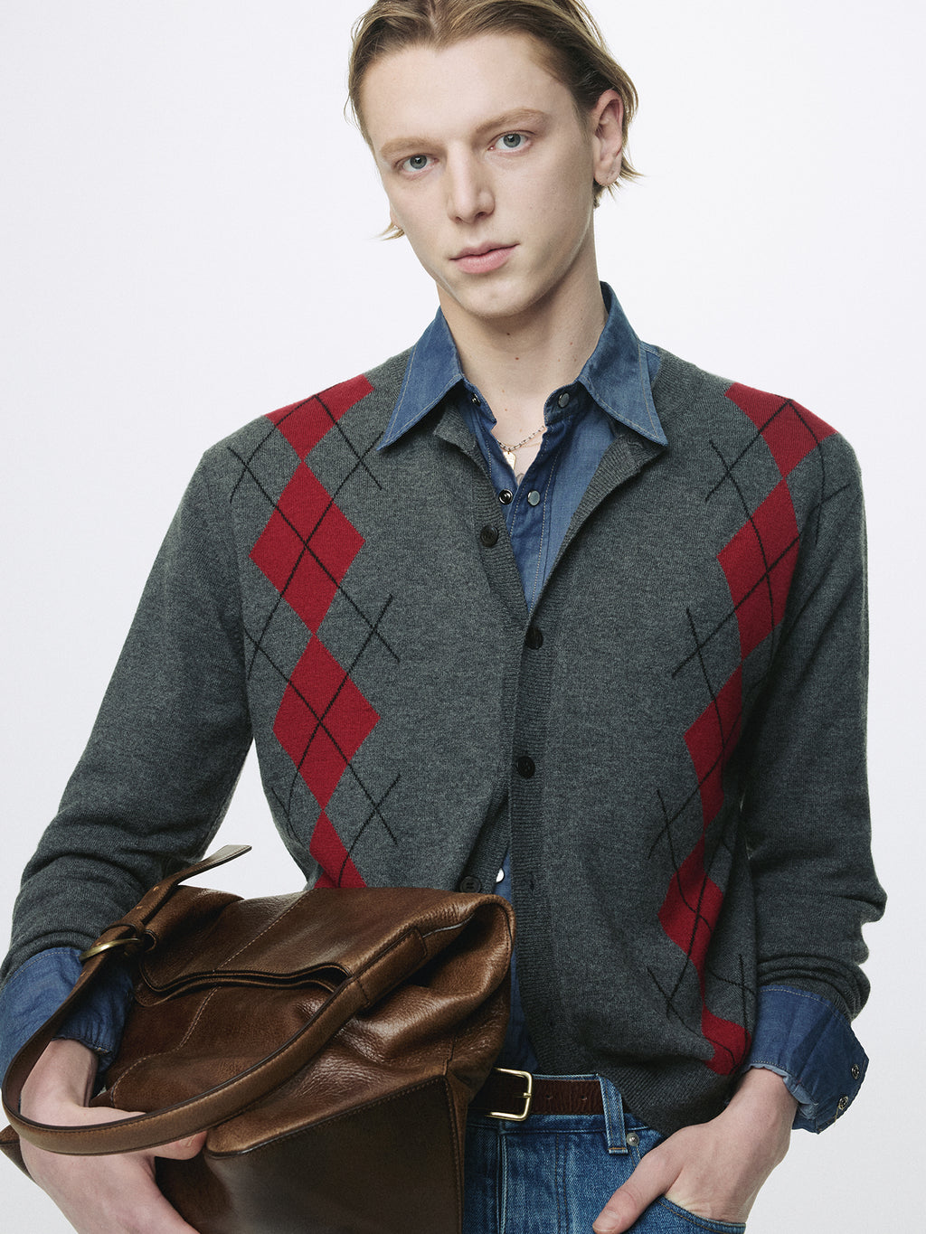 MERINO WOOL ARGYLE CARDIGAN_ GREY/RED