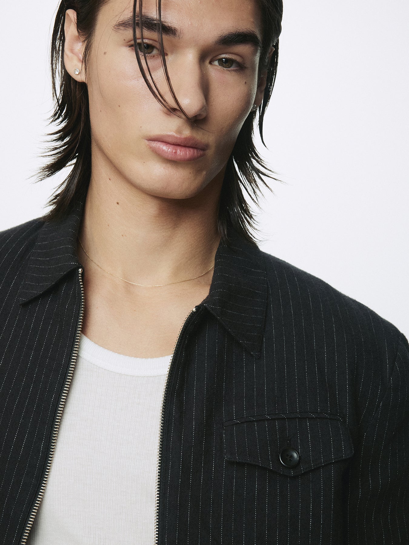 WASHED STRIPED WOOL COTTON BLOUSON_ WASHED  BLACK