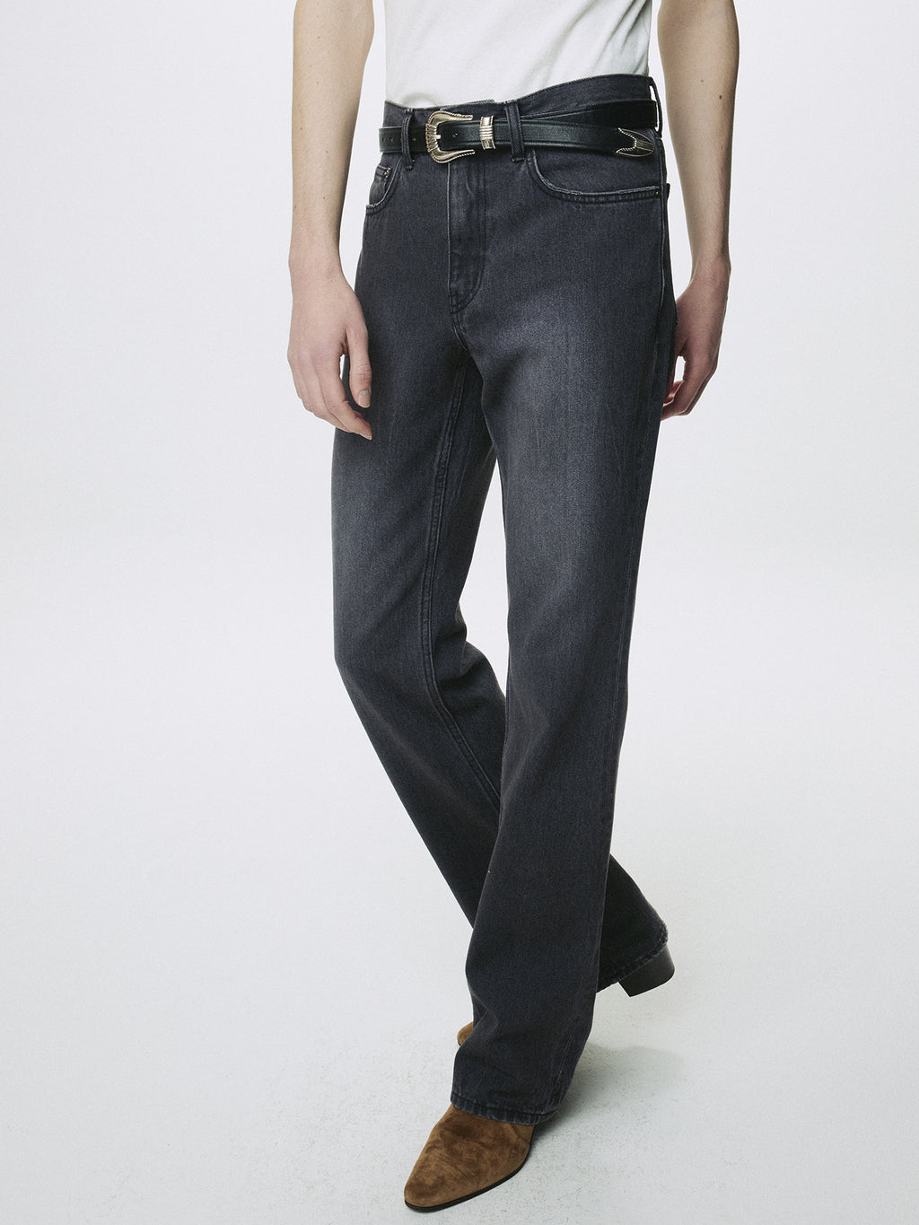 FLARED-LEG DISTRESSED DENIM JEANS_ WASHED BLACK