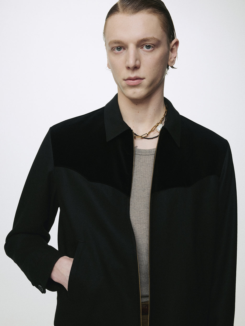 WOOL VELVET TRIMMED BLOUSON JACKET_ BLACK