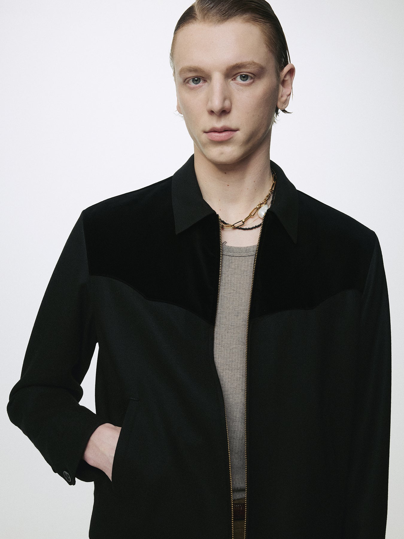 WOOL VELVET TRIMMED BLOUSON JACKET_ BLACK
