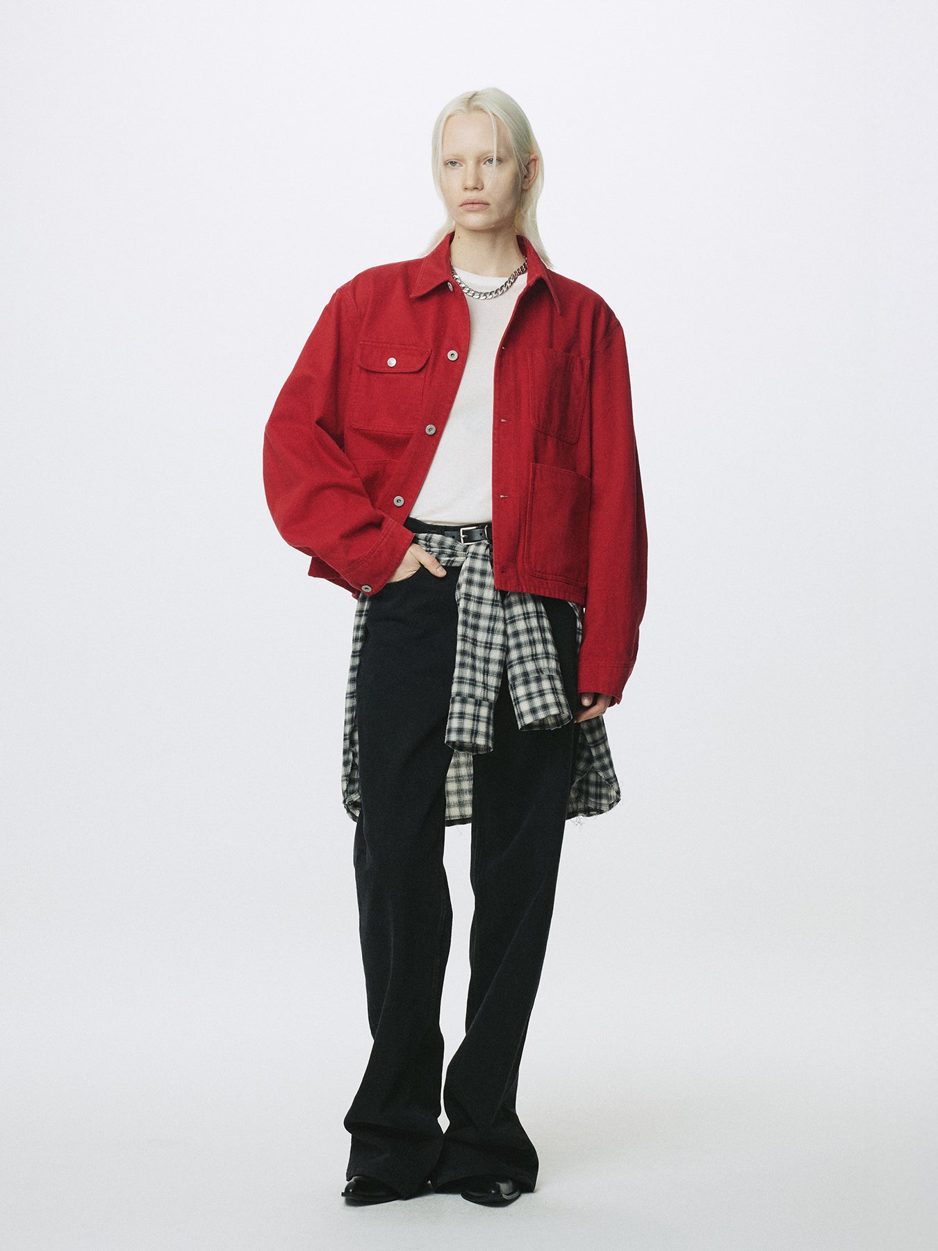 (W) SLUB COTTON CROPPED WORK JACKET_ RED