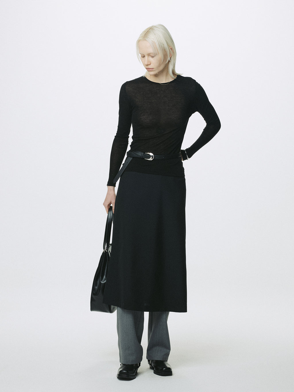 (W) WOOL MIDI SKIRT_ BLACK