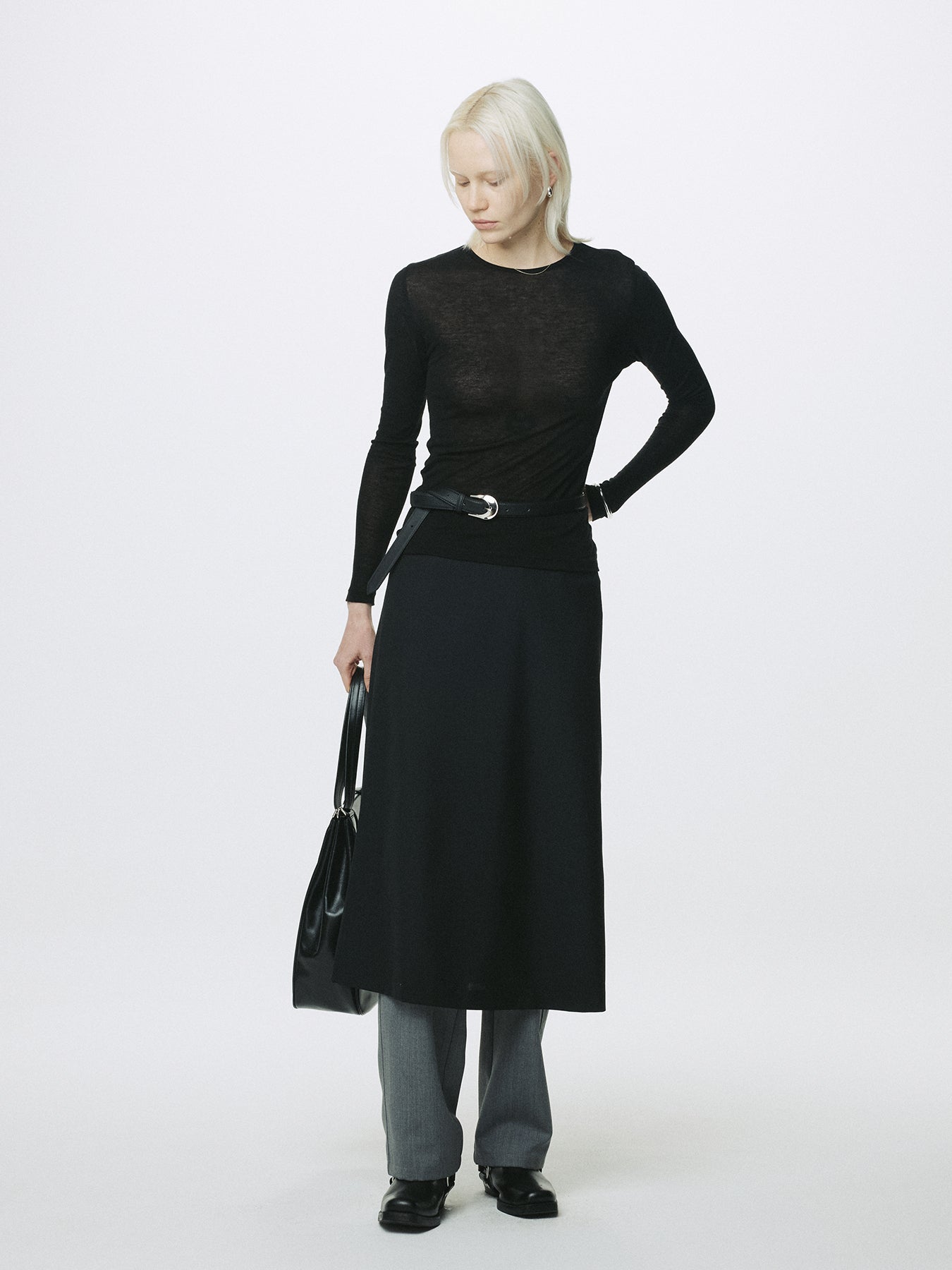 (W) WOOL MIDI SKIRT_ BLACK