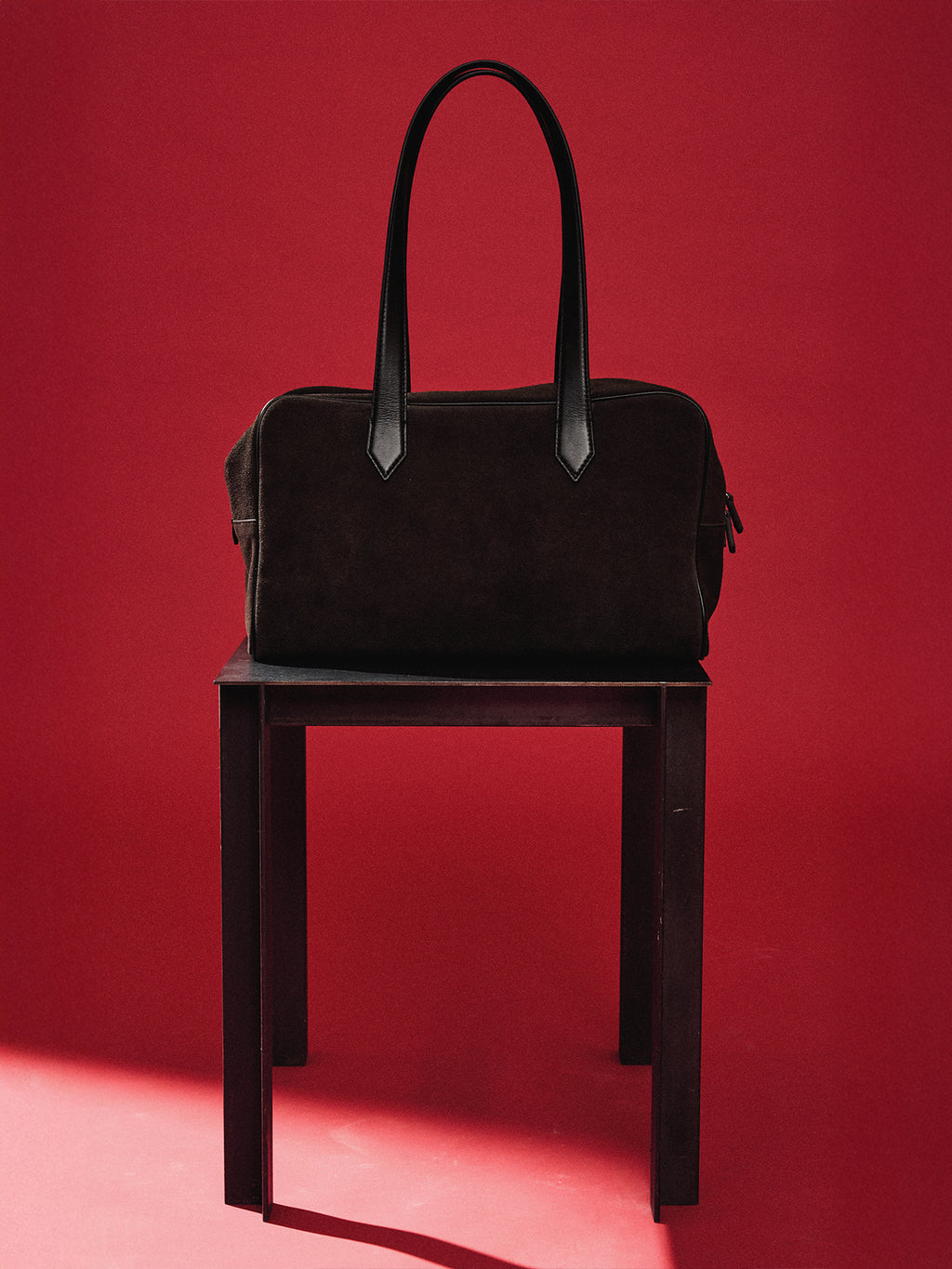 LEATHER TRIM SUEDE SQUARE VALISE BAG_ DARK PECAN