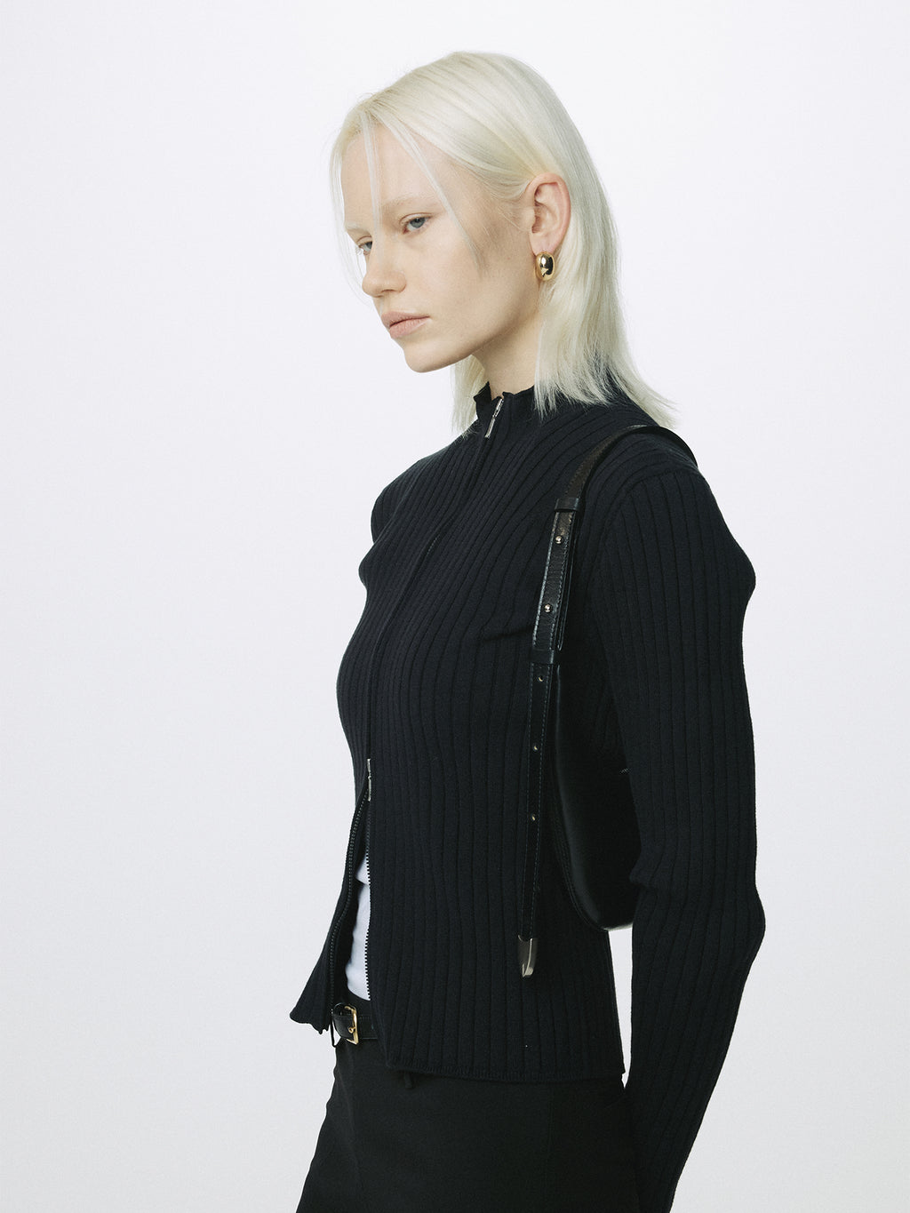 (W) COTTON RIBBED FULL ZIP-UP_ BLACK