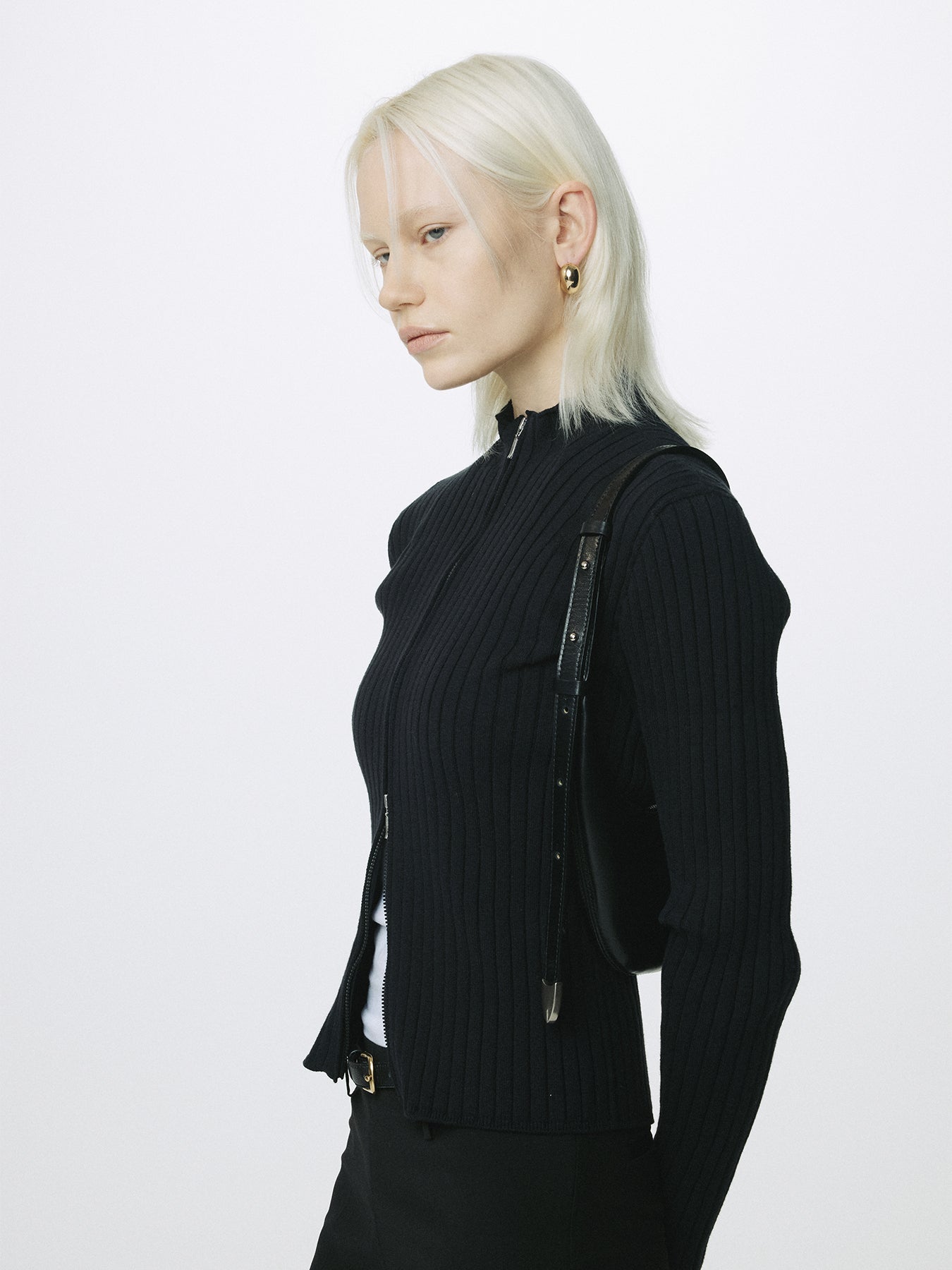(W) COTTON RIBBED FULL ZIP-UP_ BLACK