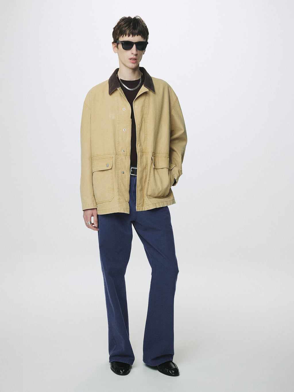 WASHED COTTON TWILL LOOSE FLARED JEANS_ PURPLE BLUE