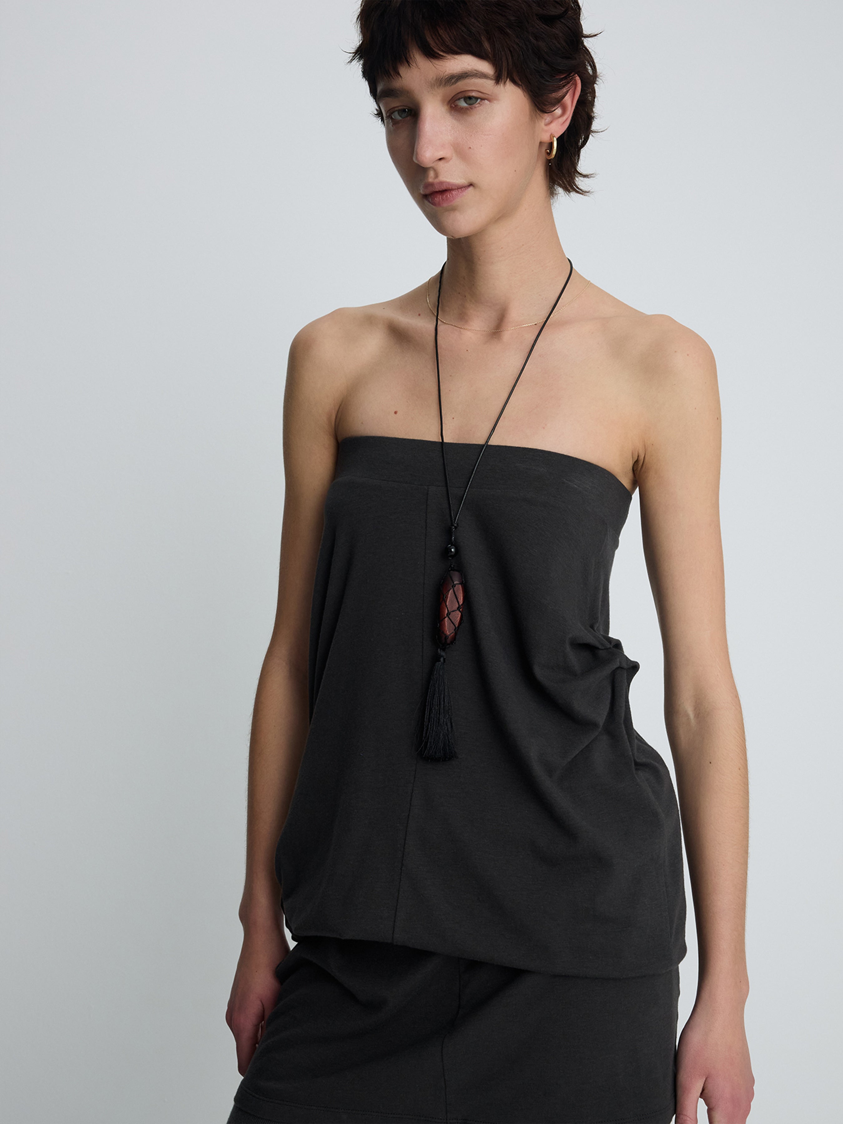 (W) SOFT DRAPED DRAWSTRING SKIRT_ CHARCOAL