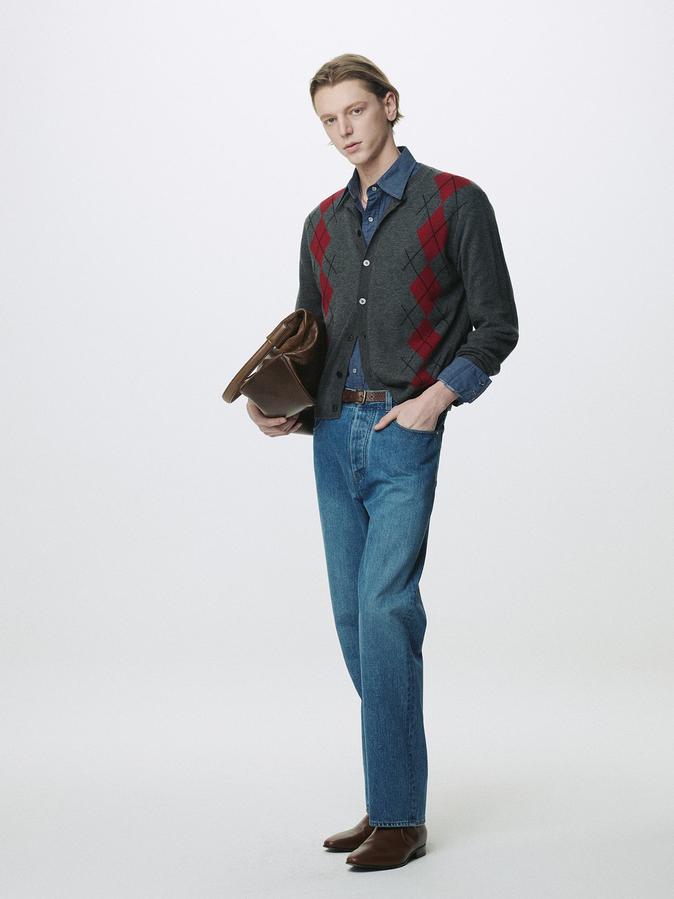 MERINO WOOL ARGYLE CARDIGAN_ GREY/RED