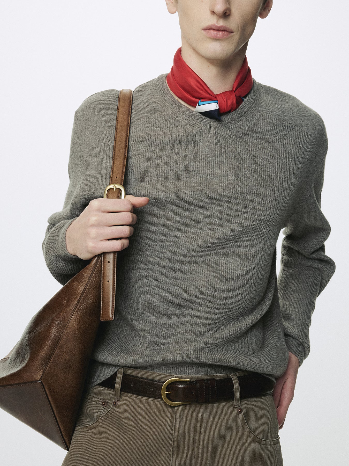 SUPER FINE WOOL COMMANDO V-NECK KNIT_ TAUPE MELANGE
