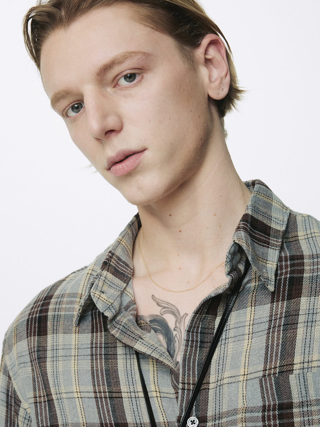 WASHED COTTON BLEND CHECK SHIRT_ GREY/BROWN