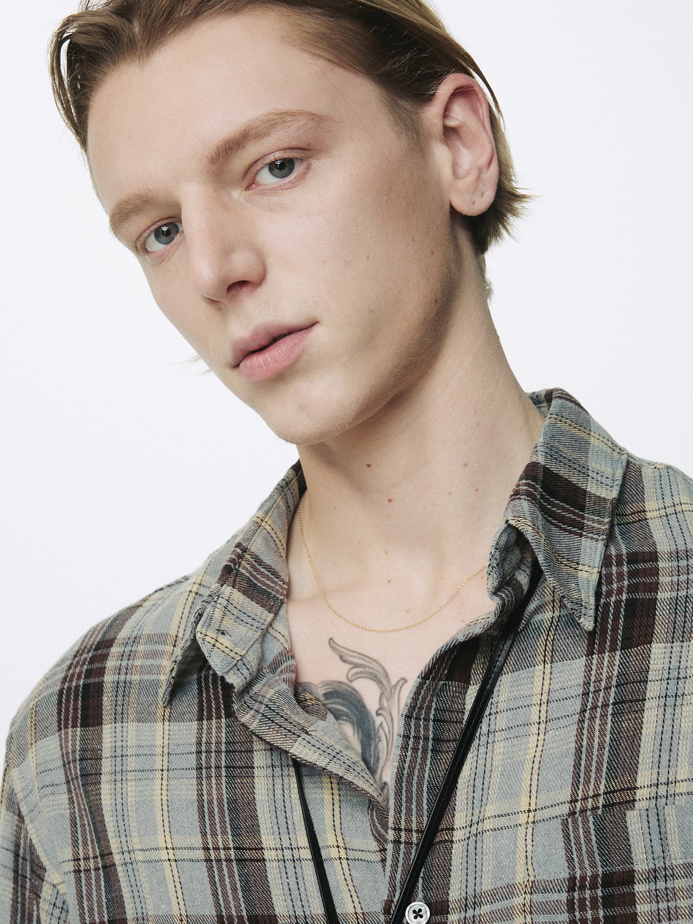 WASHED COTTON BLEND CHECK SHIRT_ GREY/BROWN